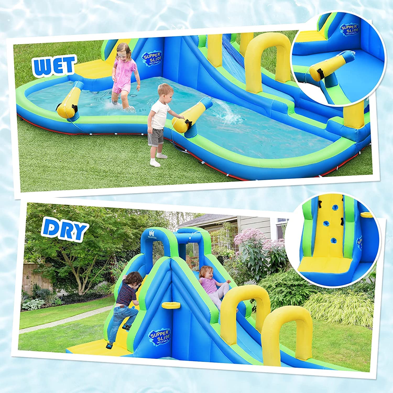 **HONEY JOY 5-in-1 Inflatable Water Slide Park with Water Cannons & Long Slide - Indoor/Outdoor Bouncy Castle for Kids & Adults - Backyard Summer Fun (Includes 735W Blower)**    **Perfect for backyard parties, family gatherings, summer celebrations, and outdoor water play!**
