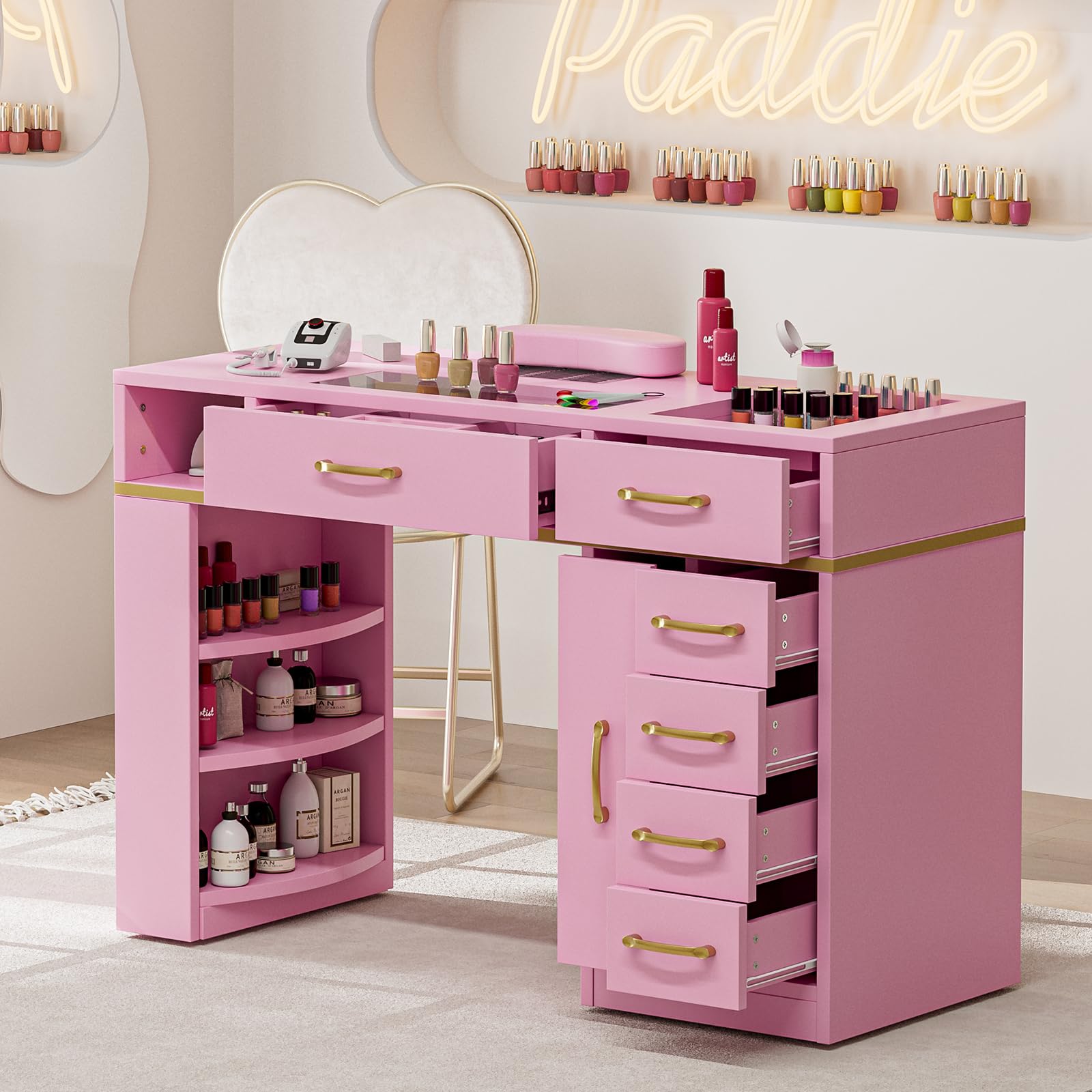 Premium Nail Salon Table with Electric Downdraft Ventilation - Paddie Glass Top Manicure Station with 3-Tier Open Shelves, Golden Handles & Drawers, Arm Rest - Perfect for Professional Nail Technicians & Home Beauty Salons (Pink)