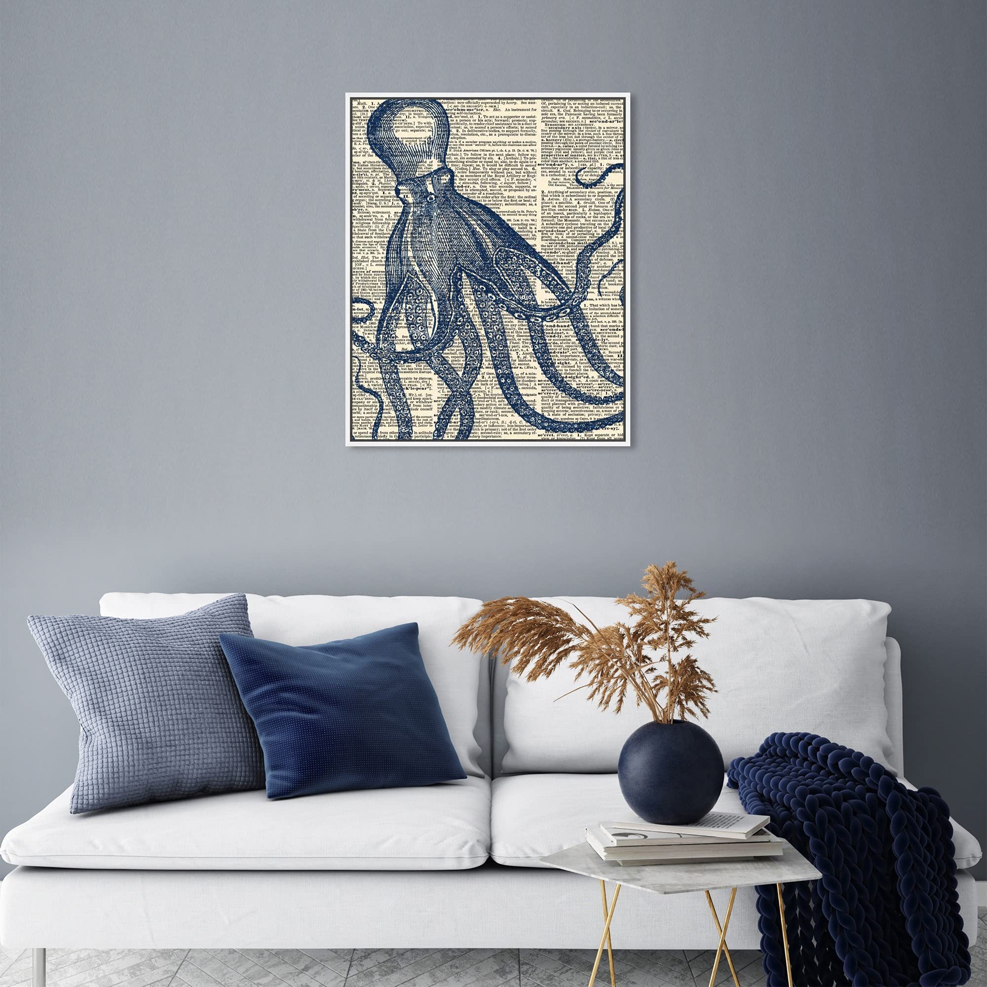 Nautical & Coastal Wall Art Canvas Print - Marine Life Octopus Dictionary Home Decor - 20x24 Inches White Floating Frame - Perfect for Beach House, Living Room & Office Decor