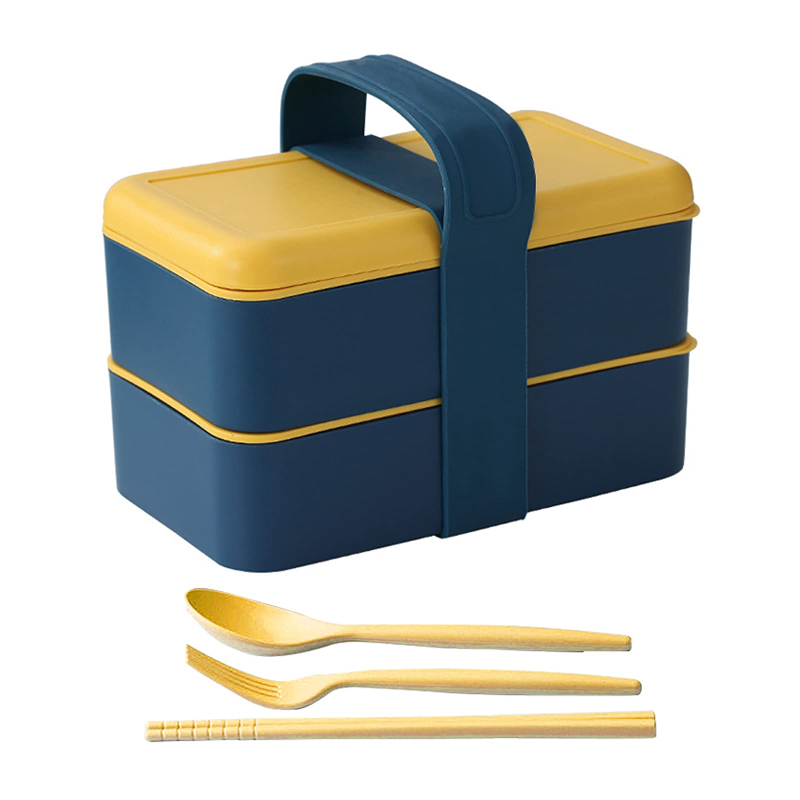 Shlutesoy Bento Lunch Box for Adults & Kids - Double Layer Removable Grid PP Food Storage Container for School, Office, Picnics - Salad, Fruit, Snack Organizer (Yellow)