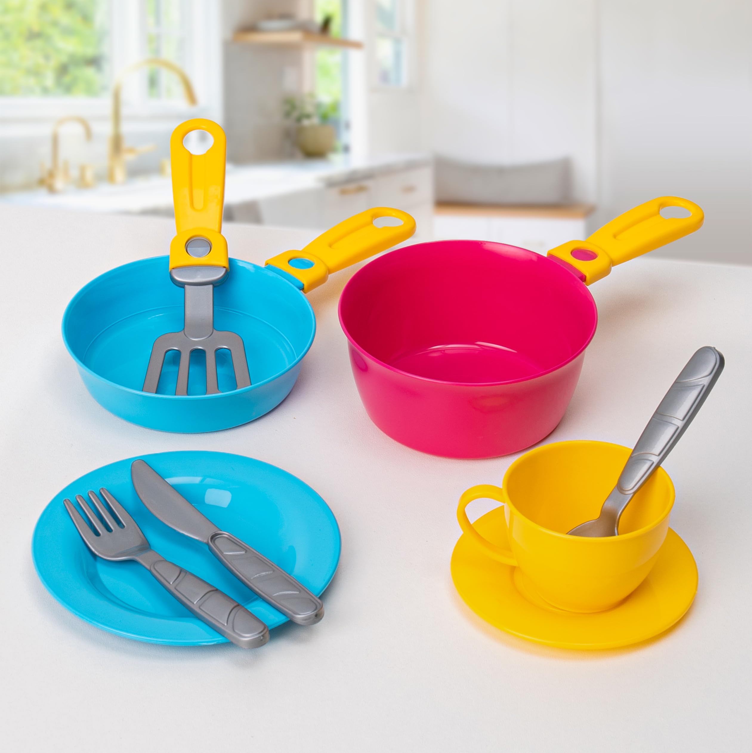 Colorful 33-Piece Kids Pretend Play Kitchen Dishes Set with Drainer - Durable Toy Cookware & Tableware for Toddlers | Perfect for Role Play, Tea Parties & Learning Fun (Pink)