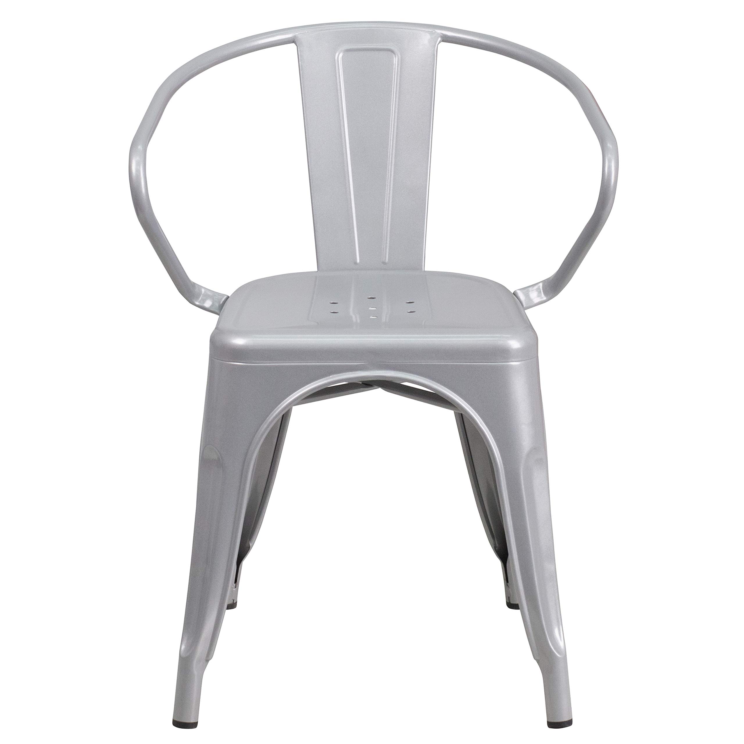 4 Pack Silver Metal Indoor-Outdoor Arm Chairs - Durable Restaurant & Cafe Furniture for Dining, Patio, Garden and Outdoor Seating