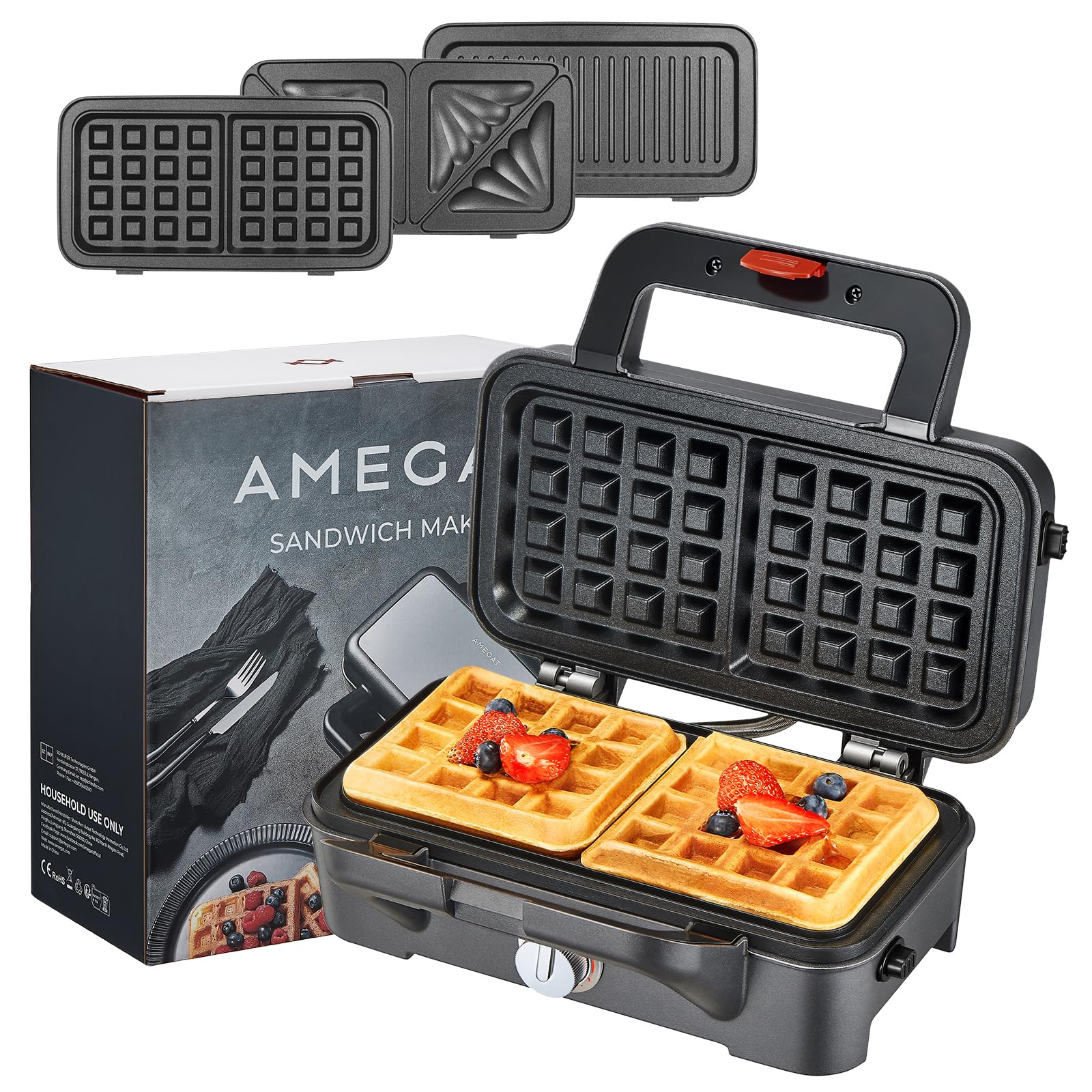 3-in-1 Sandwich Maker & Waffle Iron with Removable Plates - Panini Press, 5-Temperature Settings, Non-Stick Coating, Cool-Touch Handle & Anti-Skid Feet - Perfect for Breakfast, Brunch & Quick Meals (1200W)
