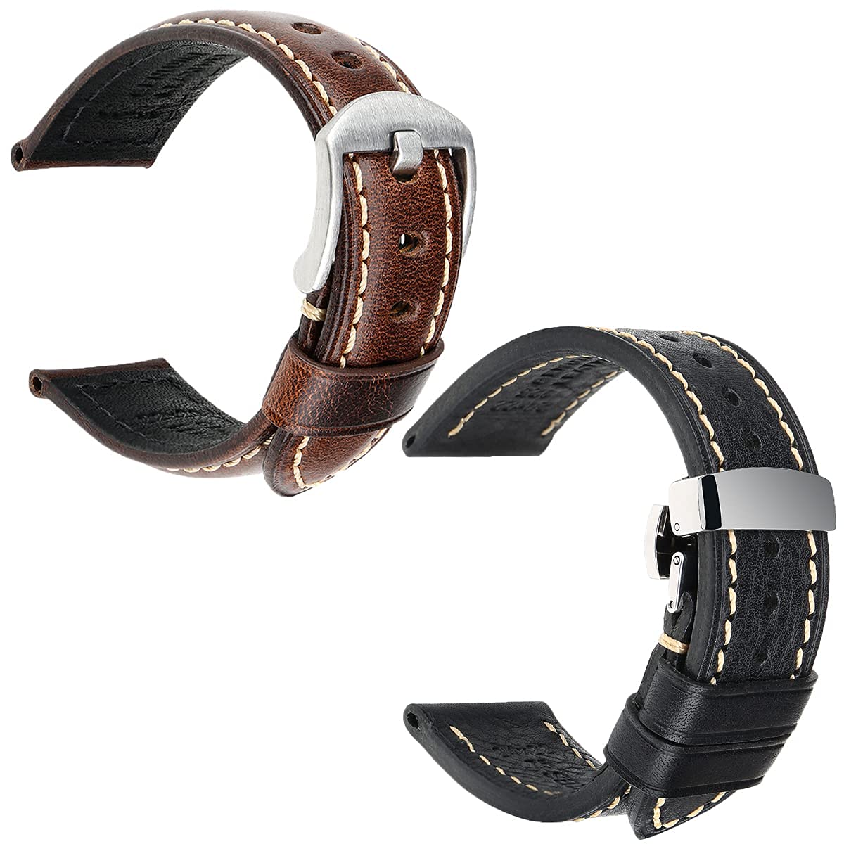 REZERO Genuine 22mm Leather Watch Bands - Pin Buckle & Silver Butterfly Buckle Replacement Straps for Men Women | Dress, Business, Casual Wear