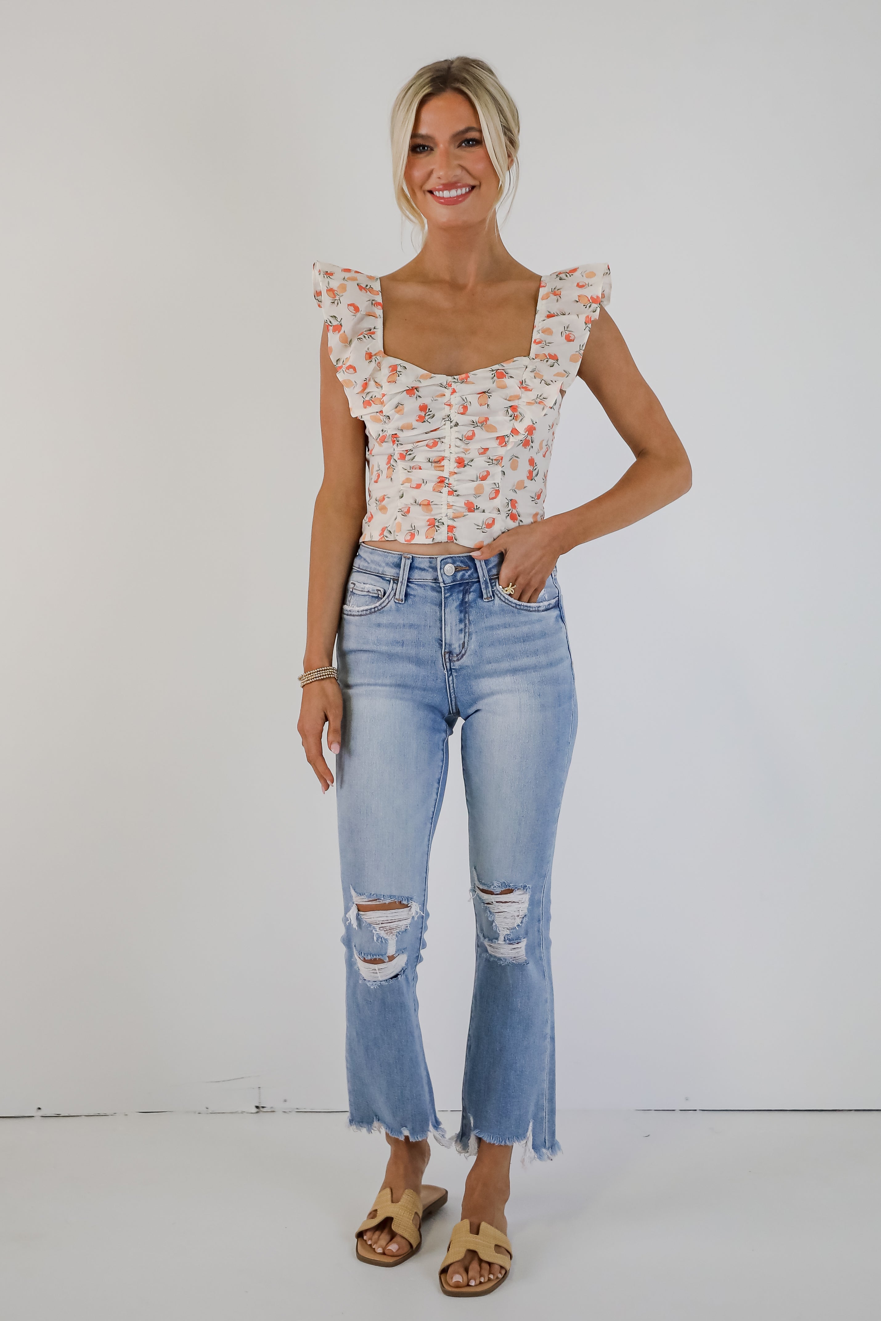 Cindy Light Wash Distressed Crop Flare Jeans for Women - Vintage High Waisted Stretch Denim Pants - Perfect for Casual Outfits, Streetwear & Retro Fashion