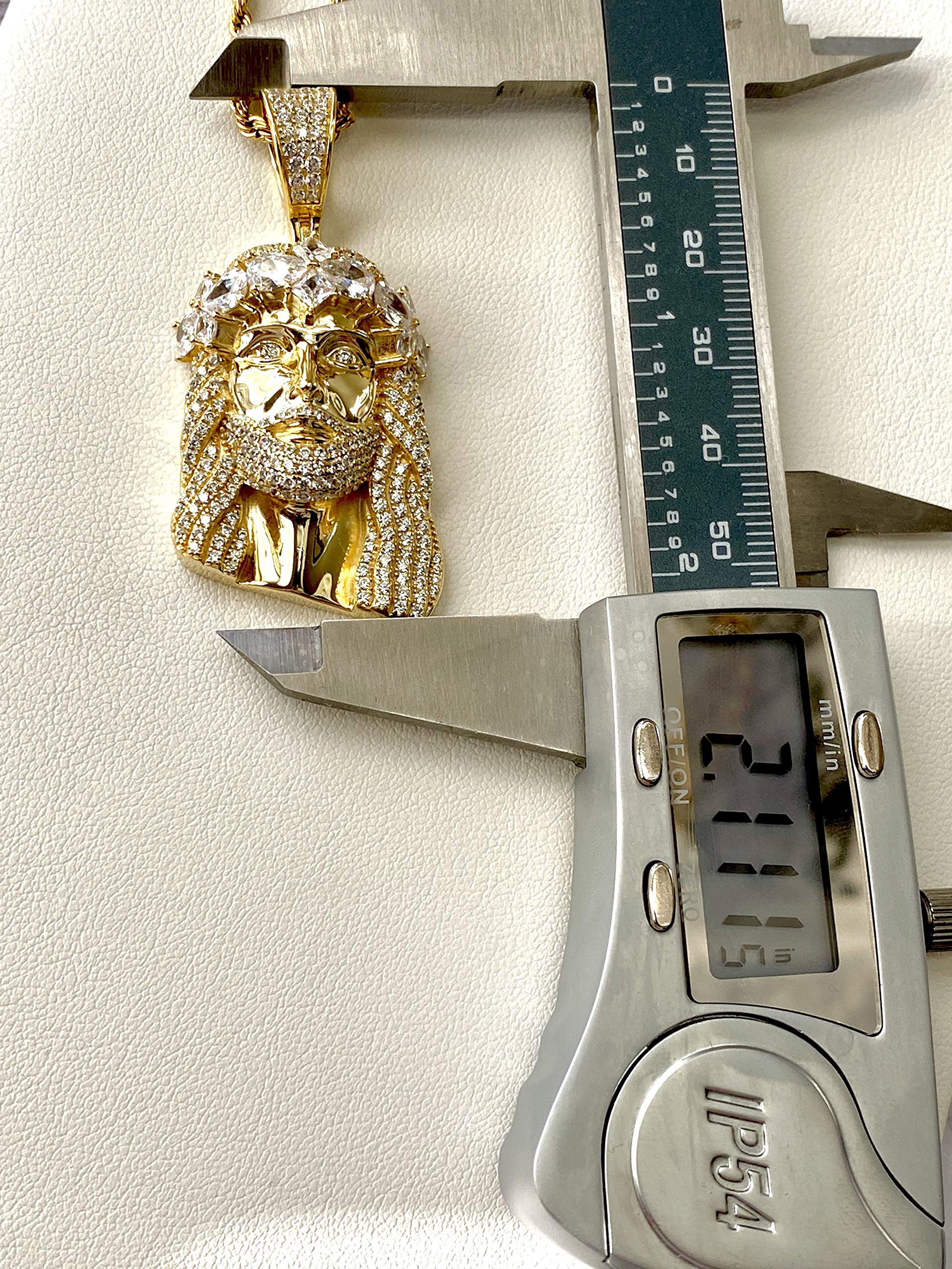Custom Face of Christ Pendant - 925 Sterling Silver with Gold Finish & Iced Detail - Stainless Steel 3mm Rope Chain (16