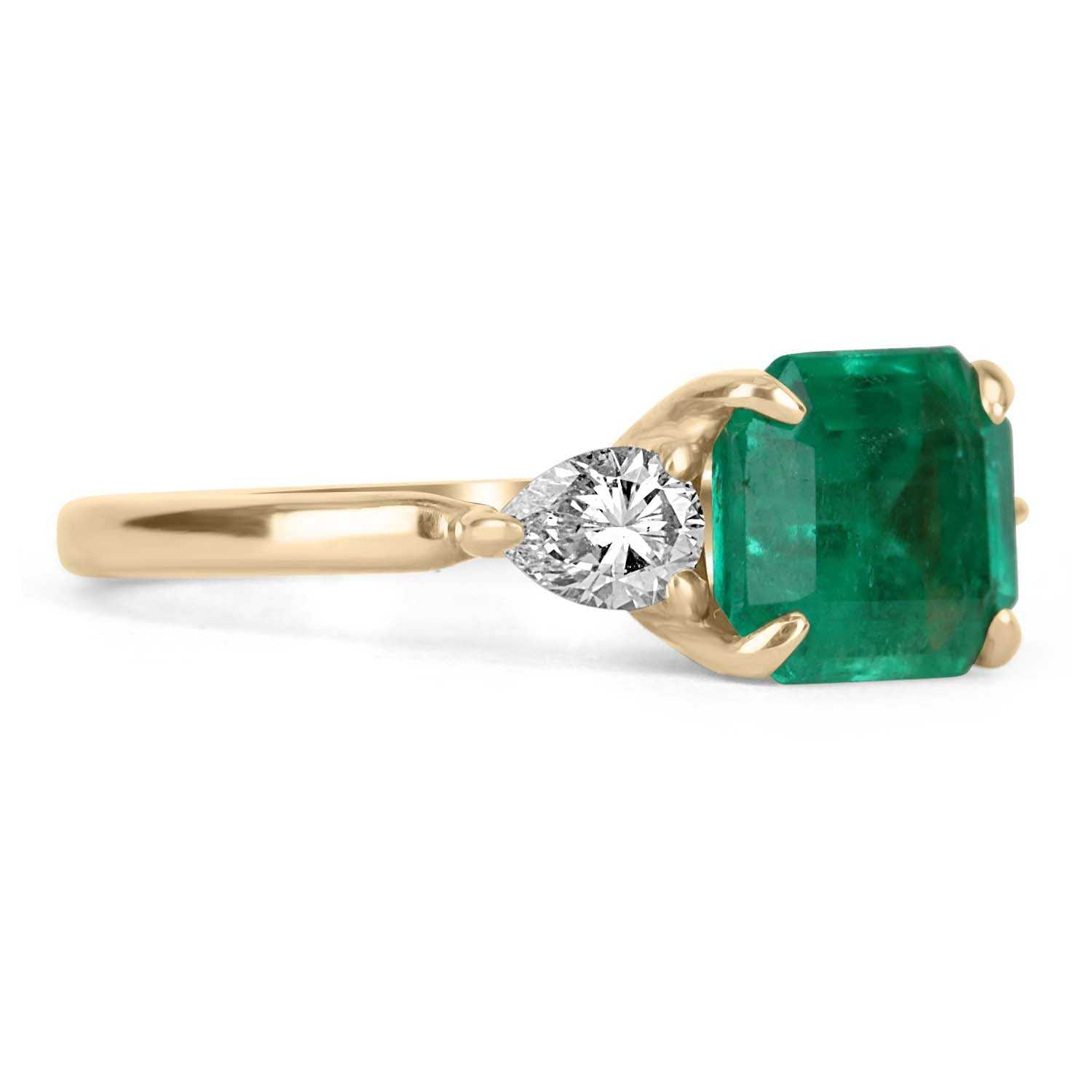 2.77tcw 18K Gold Three Stone Emerald & Diamond Pear Cut Engagement Ring - Perfect for Wedding, Proposal & Anniversary Gifts