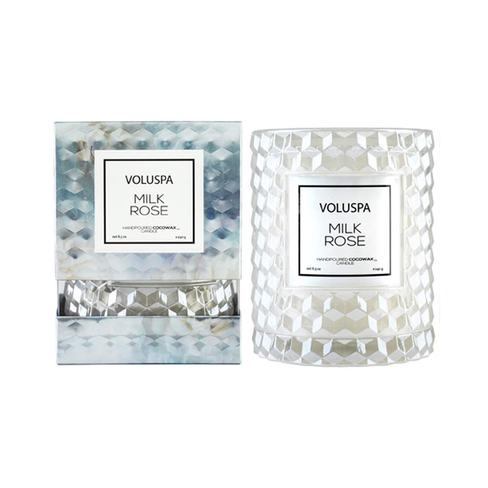 Voluspa Milk Rose Scented Candle in Cloche Textured Glass - 8.5 oz Coconut Wax Candle with 55 Hour Burn Time - Handmade in USA - Perfect for Home Decor, Romantic Gifts & Spa Relaxation