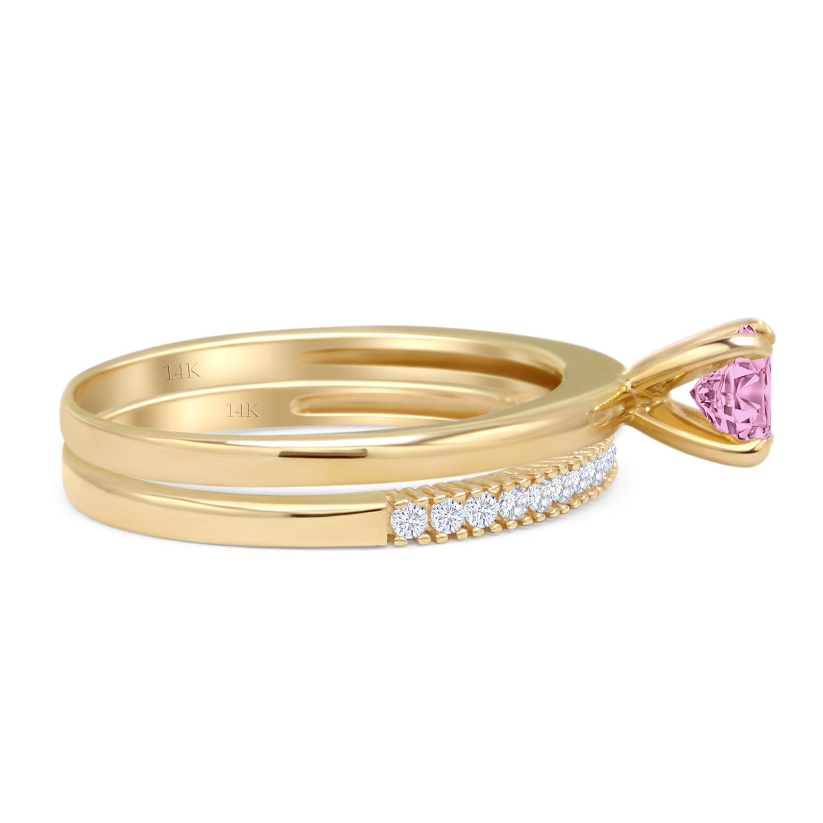 14K Yellow Gold Round Solitaire & Half Eternity Band Pink CZ Bridal Ring Set - Perfect for Engagement, Wedding, Anniversary & Valentine's Day Gifts