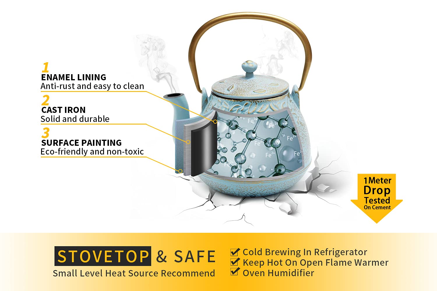 Premium Japanese Cast Iron Tea Kettle with Stainless Steel Infuser - Enameled Interior, Stovetop Safe Teapot - 32oz (950ml) Leaf Design in Turquoise Blue - Perfect for Loose Leaf Tea Brewing, Home Tea Ceremonies & Gift Giving