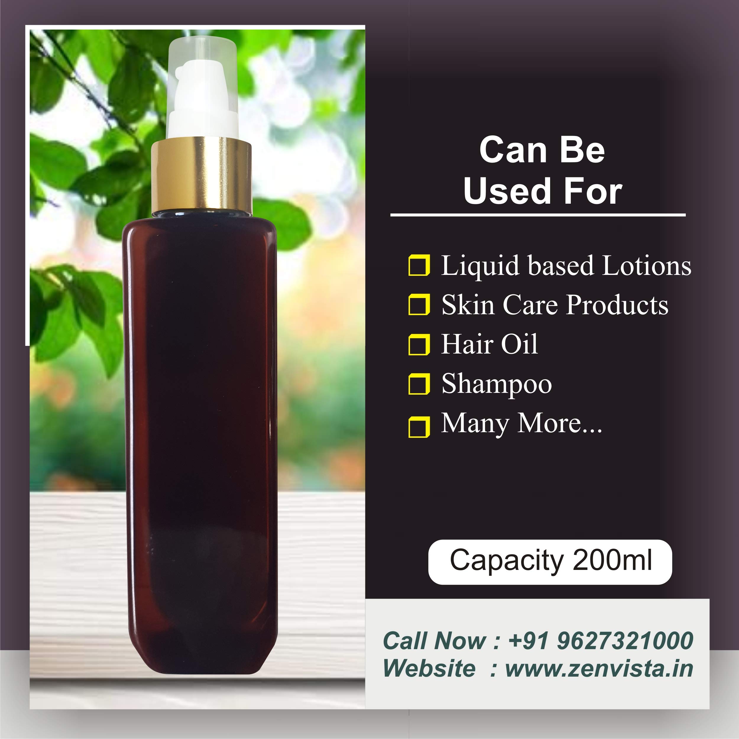 MARKSCLEAR Zenvista 200ml Amber Empty Pump Bottle (Pack of 3) - Refillable Cosmetic Dispenser for Shampoo, Hair Oil, Sanitizer & Essential Oils | Perfect for Travel, Salon Use & DIY Beauty Products