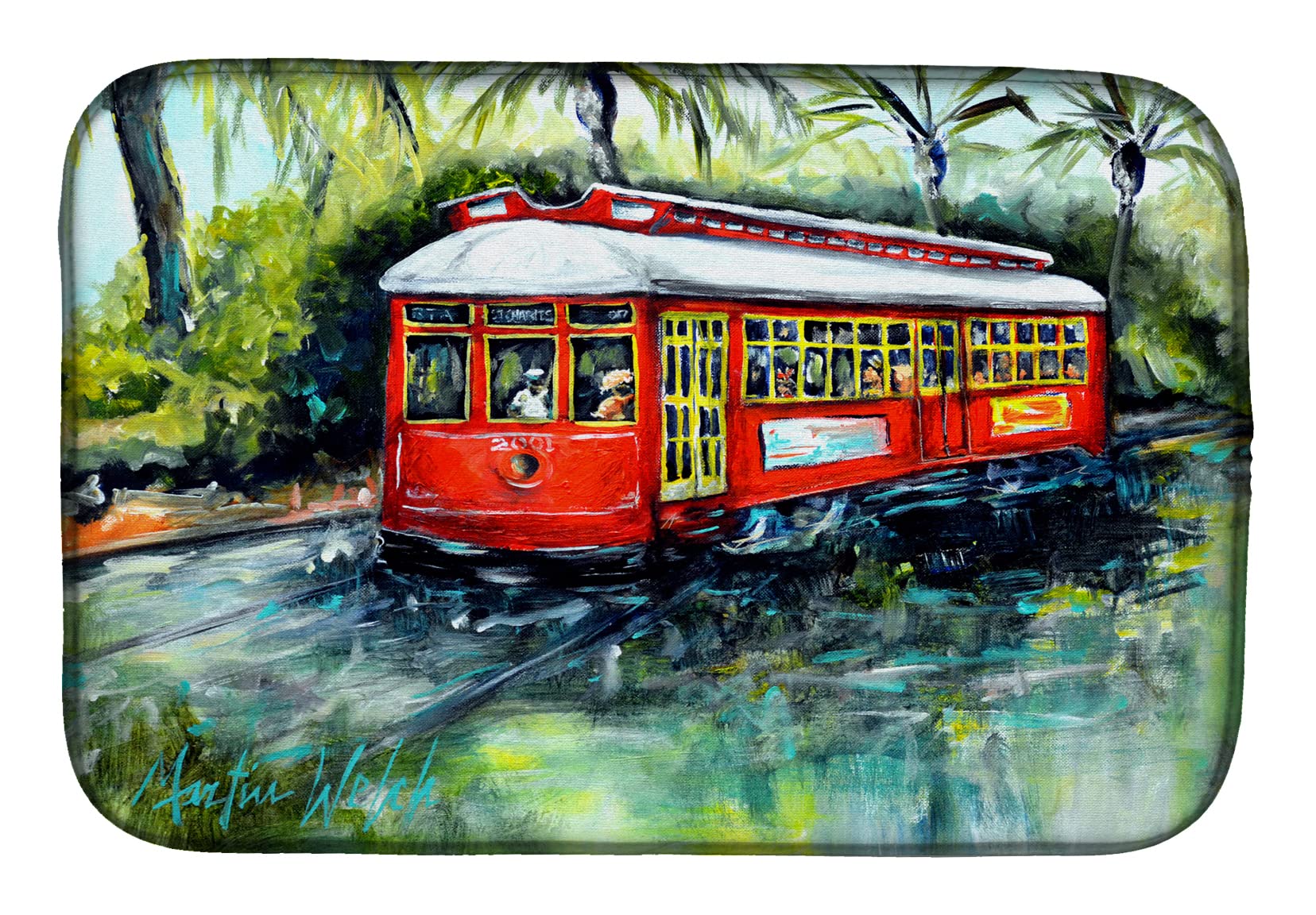 Little Red Street Car Dish Drying Mat - Absorbent Kitchen Counter Mat for Dishes, 14 x 21 Inches, Multicolor - Perfect for Drying Dishes, Protecting Countertops & Adding Retro Style to Your Kitchen
