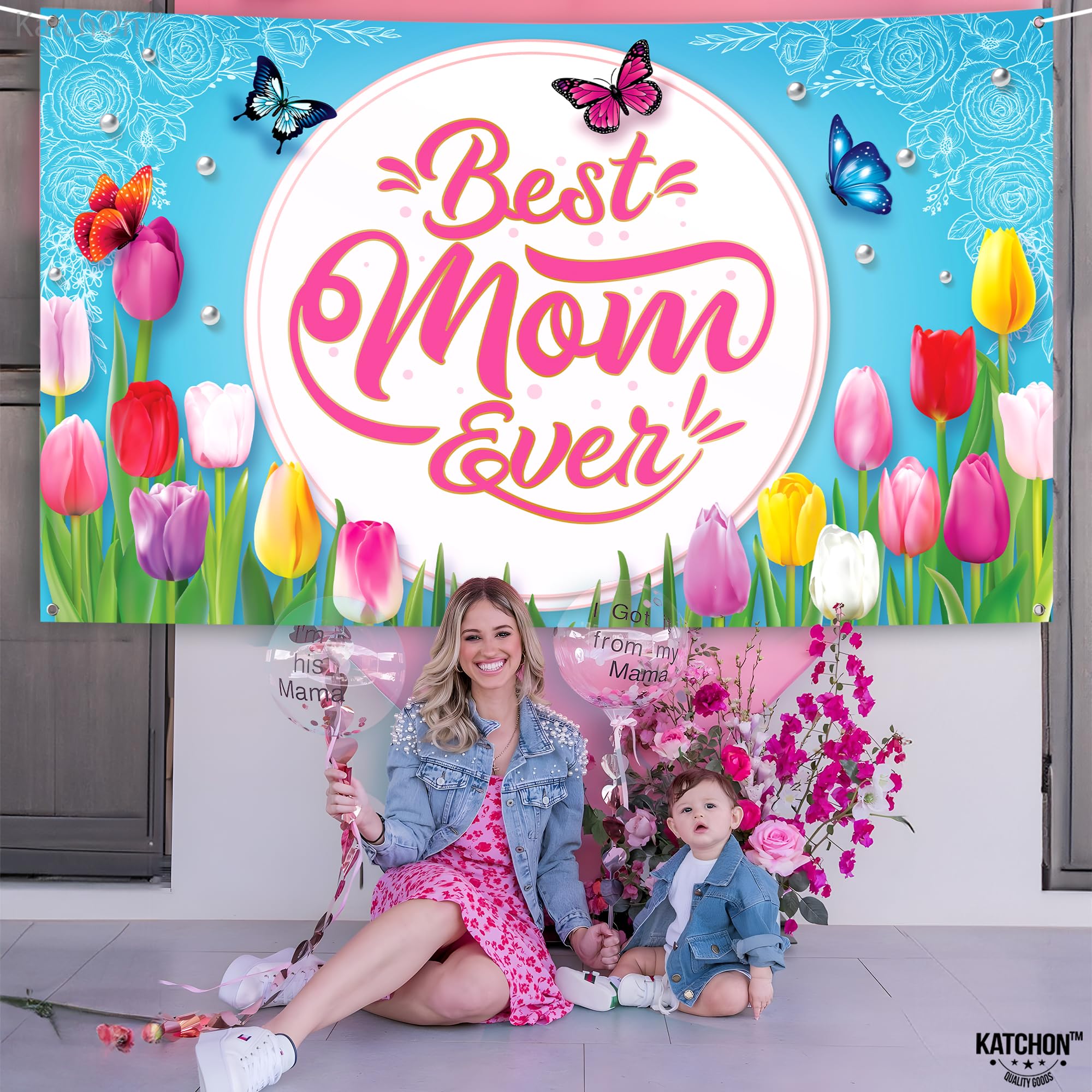KatchOn Extra Large 72x44 Inch 'Best Mom Ever' Banner - Pink & Blue Happy Mother's Day Party Decorations | Mother's Day Backdrop for Home, Office & Outdoor Celebrations
