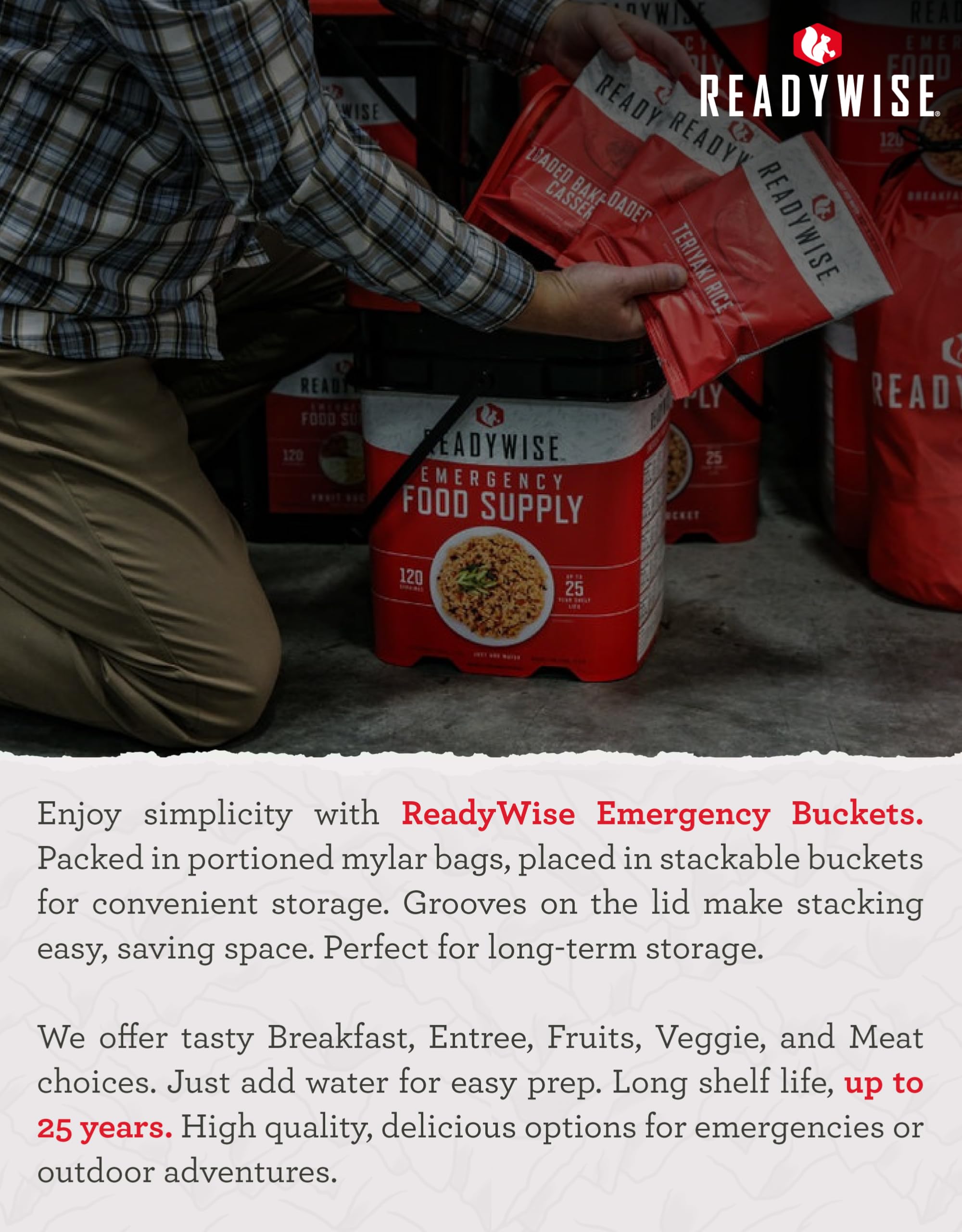 READYWISE Emergency Food Supply Bucket - Freeze-Dried Chicken, Beef, Pork & Rice Survival Meals | 25-Year Shelf Life | 48 Meat & 40 Rice Servings | Camping, Hiking & Emergency Preparedness Essentials | Perfect for Outdoor Adventures, Natural Disasters & Long-Term Food Storage