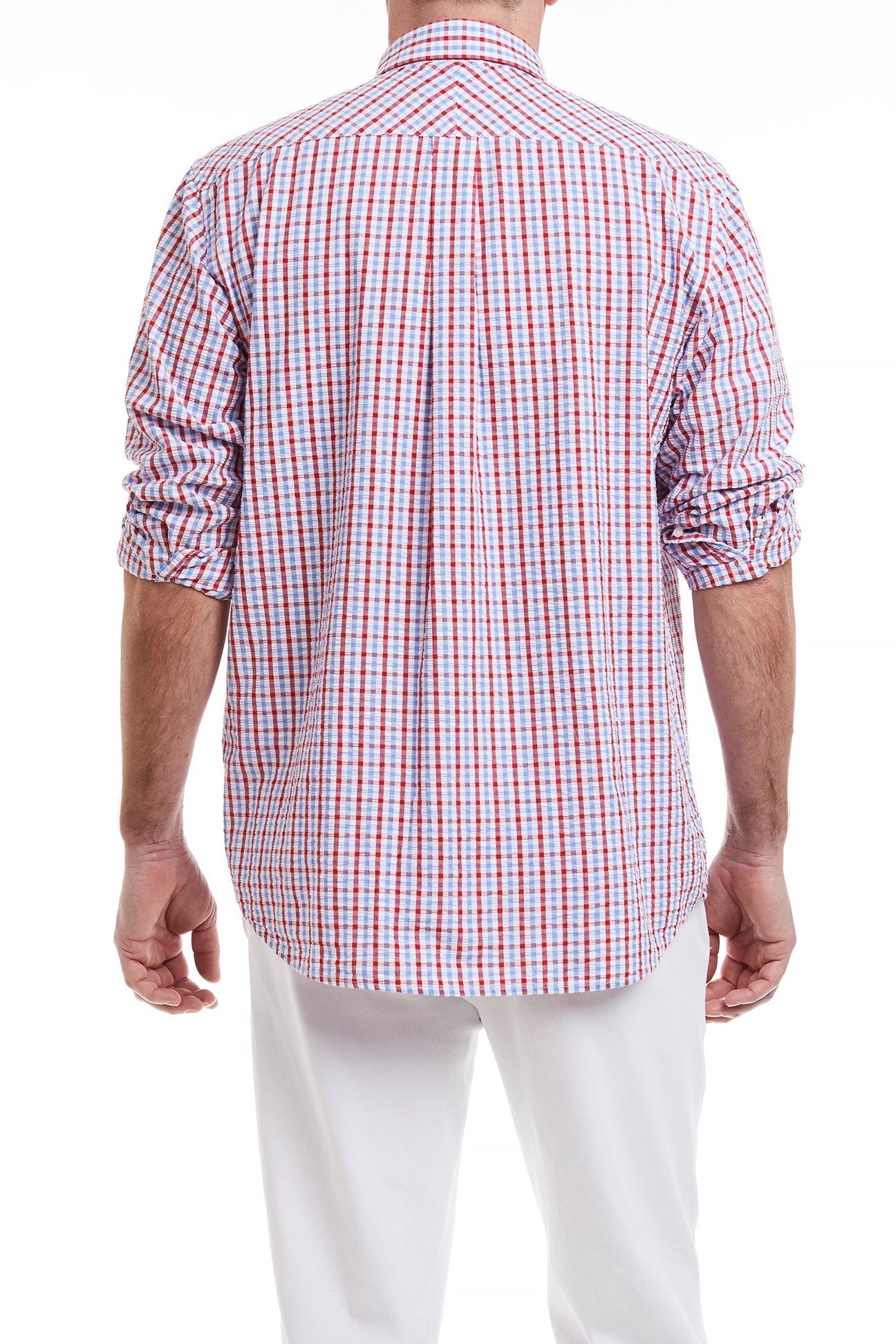 Red White & Blue Seersucker Check Chase Shirt - Classic Patriotic Style for Summer Outings & Casual Wear