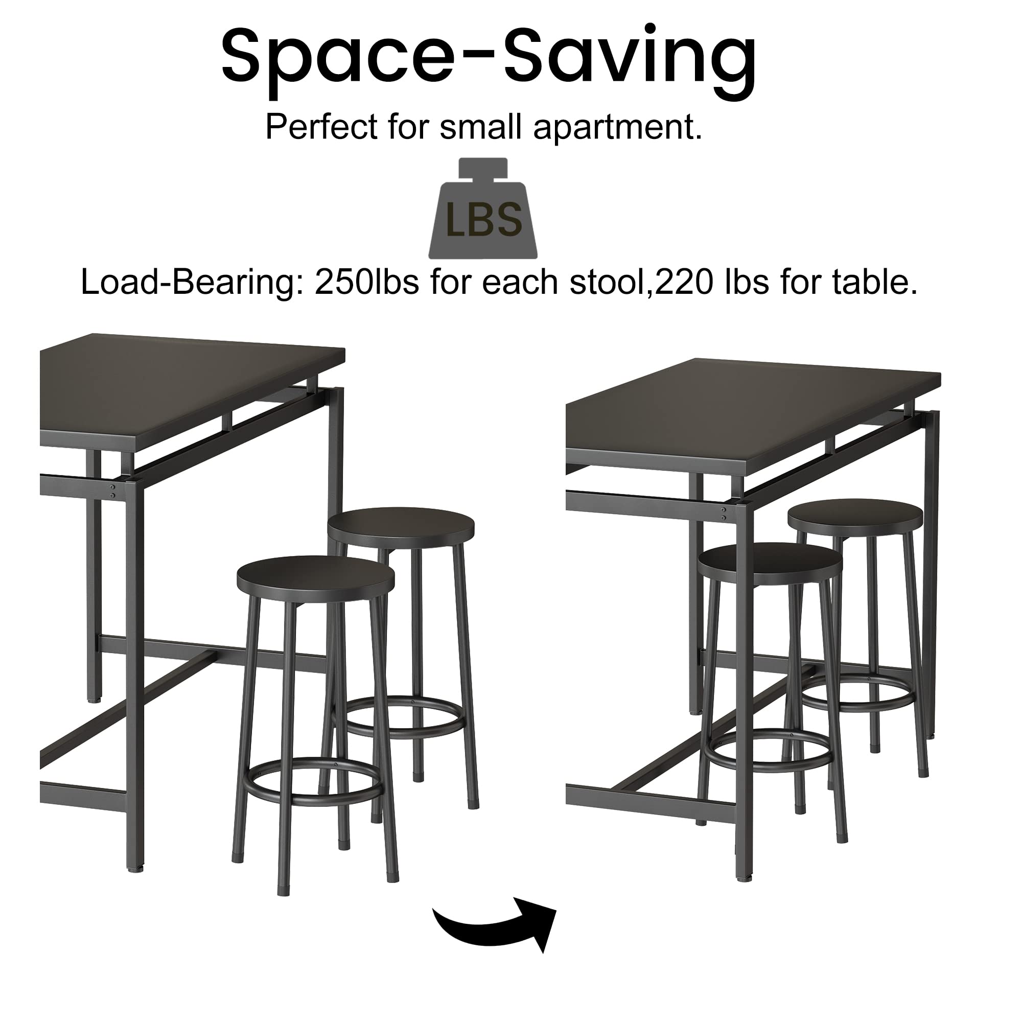 MIERES 5-Piece Industrial Counter Height Dining Table Set for 4 - Wood Kitchen Table & 4 Stools, Black | Perfect for Home Bar, Breakfast Nook, Small Space Living Room & Apartment Dining