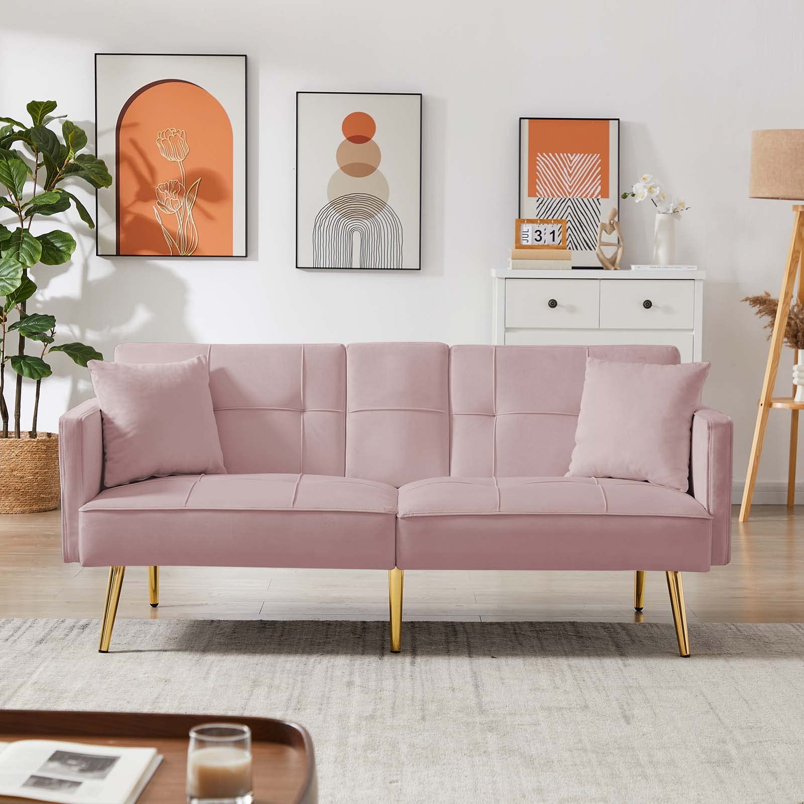 69'' Velvet Futon Sofa Bed - Modern Convertible Folding Sleeper Couch with Cup Holders & 2 Pillows, Pink Loveseat for Living Room, Apartment, Office - Perfect for Small Spaces, Guest Rooms & Multi-Functional Furniture Needs