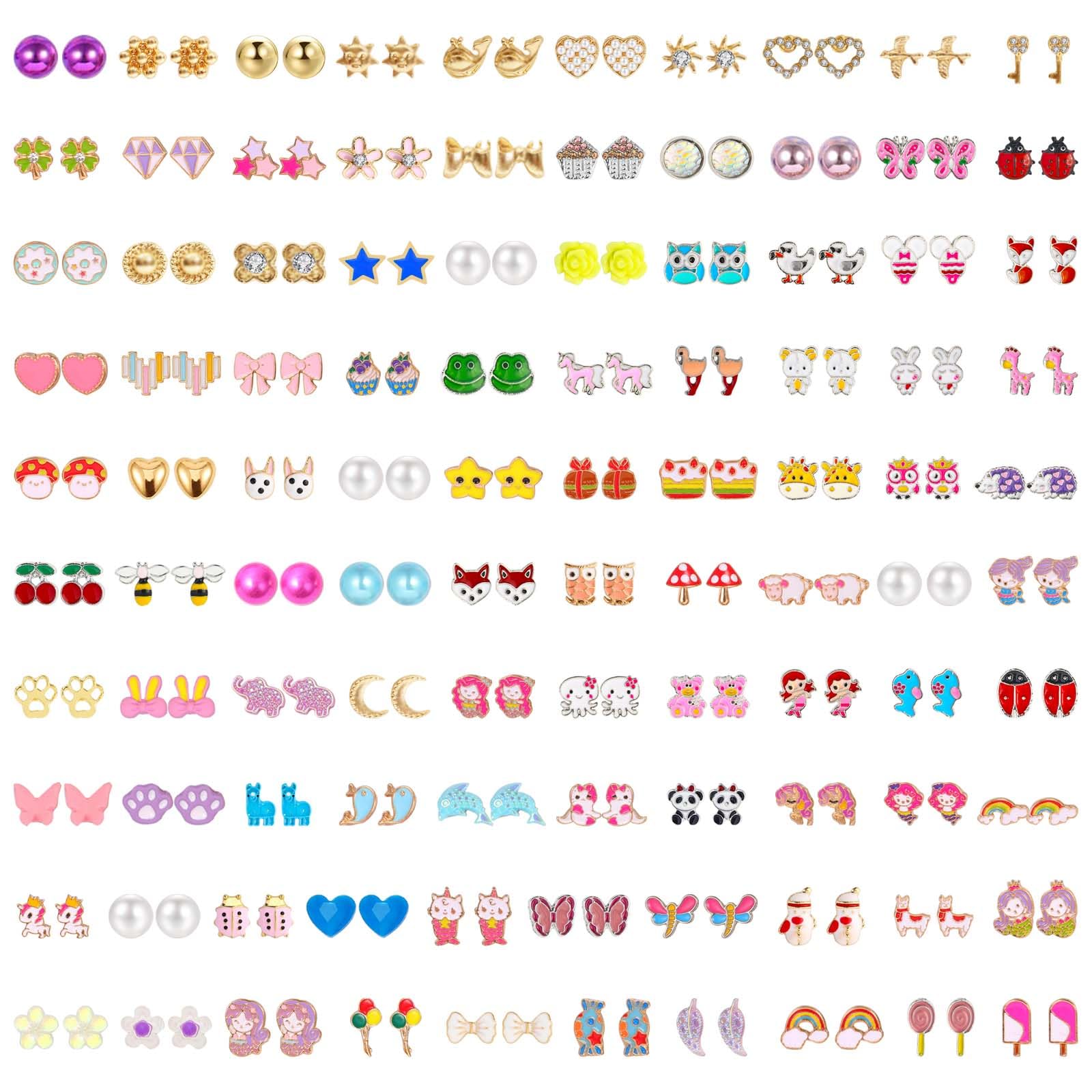 NEWITIN 100 Pairs Colorful Cute Stud Earrings for Girls & Women - Hypoallergenic Stainless Steel Earrings - Perfect for Everyday Wear, Gifts, Parties and Fashion Accessories