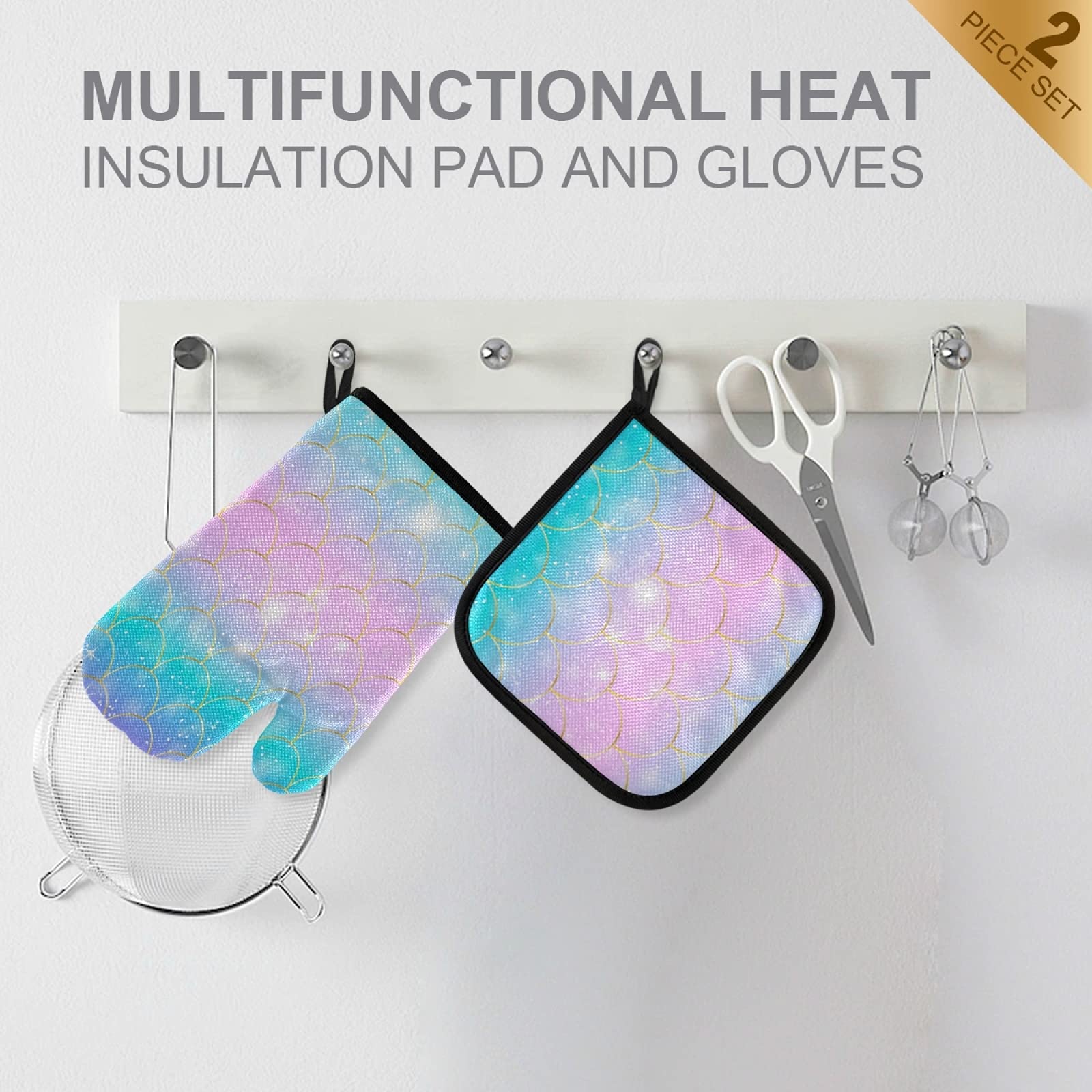 QUGRL Glitter Mermaid Scales Oven Mitts & Pot Holders Set - Heat Resistant Kitchen Gloves for Baking, Cooking & BBQ - Blue, Pink, Purple Hot Pads for Safe Handling of Cookware & Bakeware - Perfect for Holiday Gifts & Home Decor
