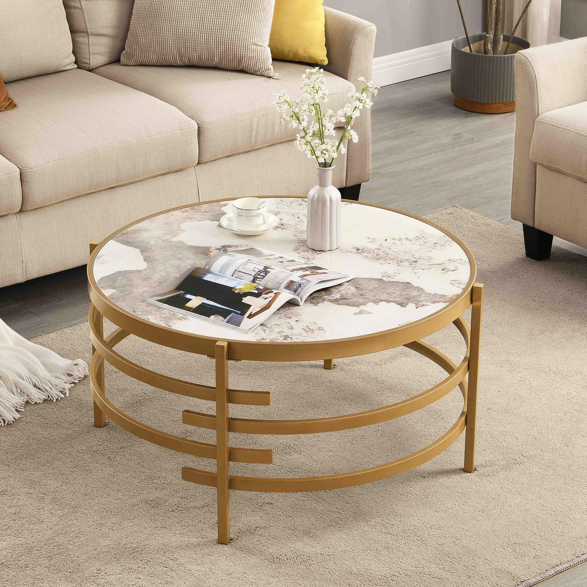 Modern Round Coffee Table & End Table Set of 3 - Gold Metal Frame with Marble Top - Luxury Living Room Furniture for Home & Office - Perfect for Small Spaces, Entertaining Guests & Stylish Home Decor