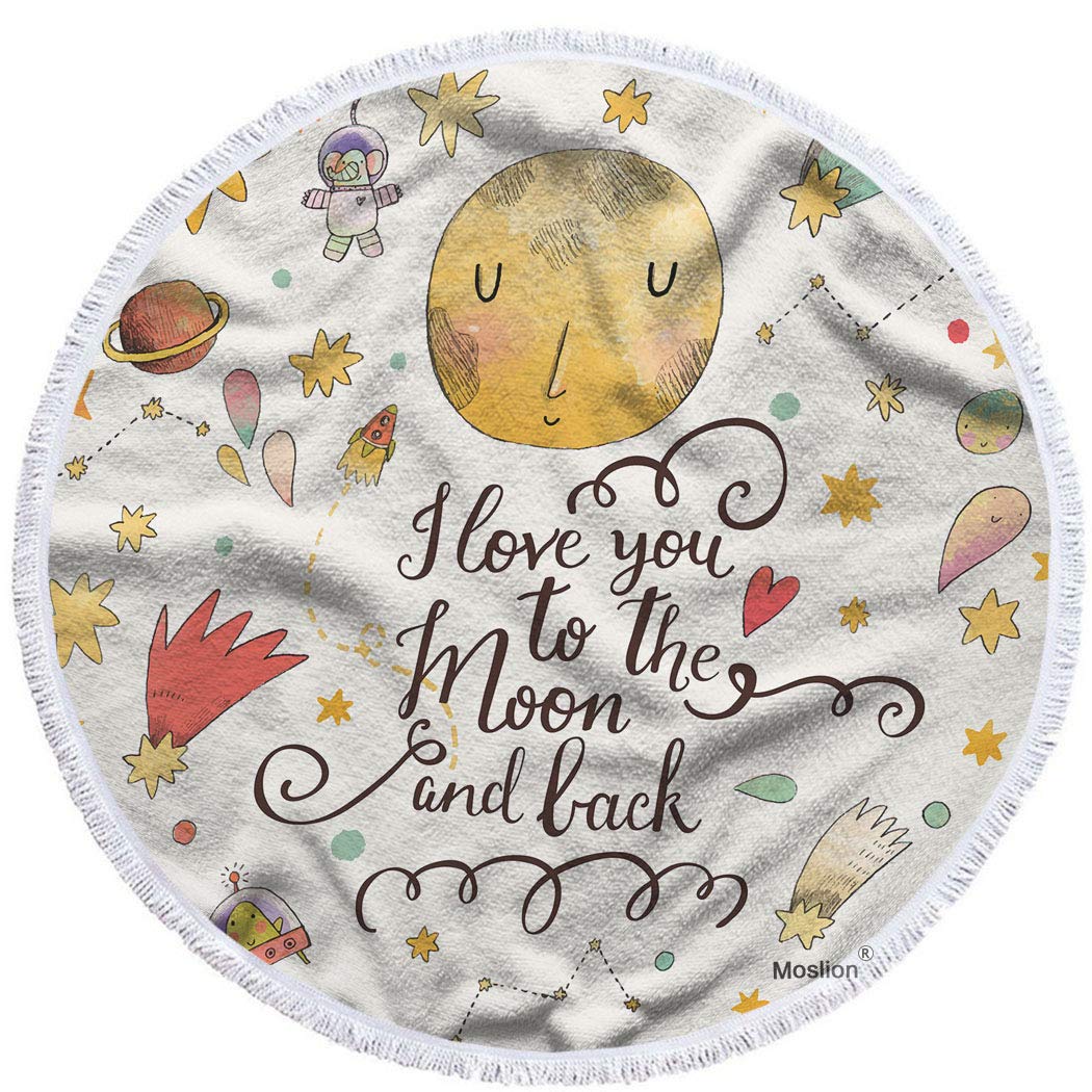 Moslion 63 Inch Oversized Round Beach Towel - I Love You to The Moon and Back Quote, Romantic Planets Astronauts Stars Design, Soft Microfiber Polyester for Beach, Pool, Picnic, Yoga & Outdoor Activities