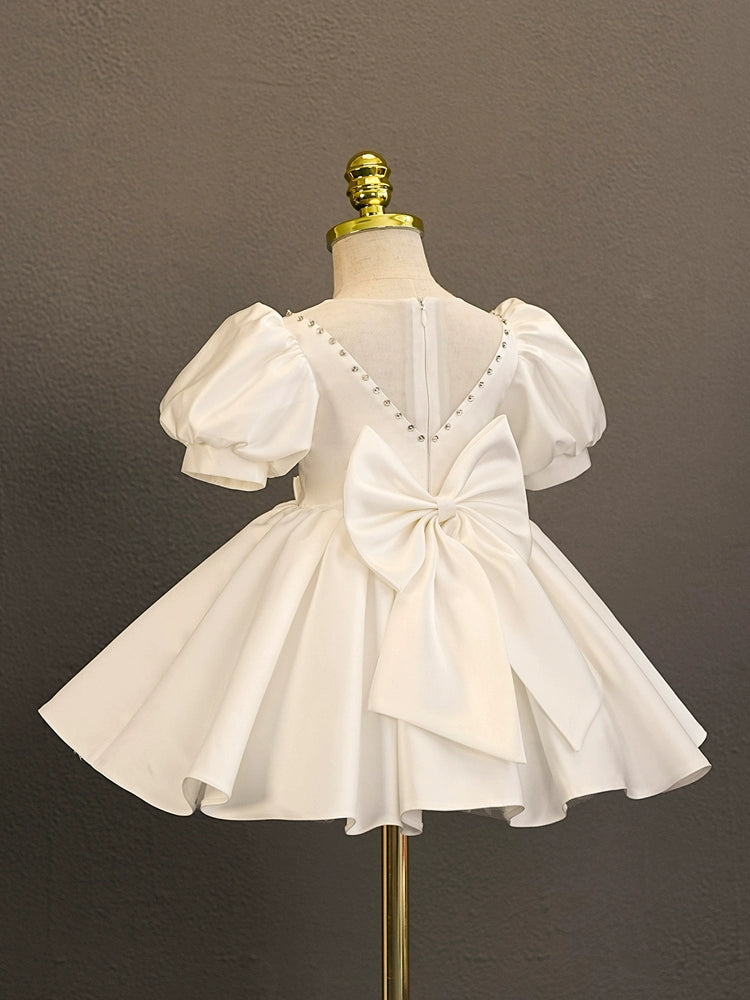 White Princess Sweetheart Tea Length Satin Flower Girl Dress for Weddings, Birthday Parties & Special Occasions