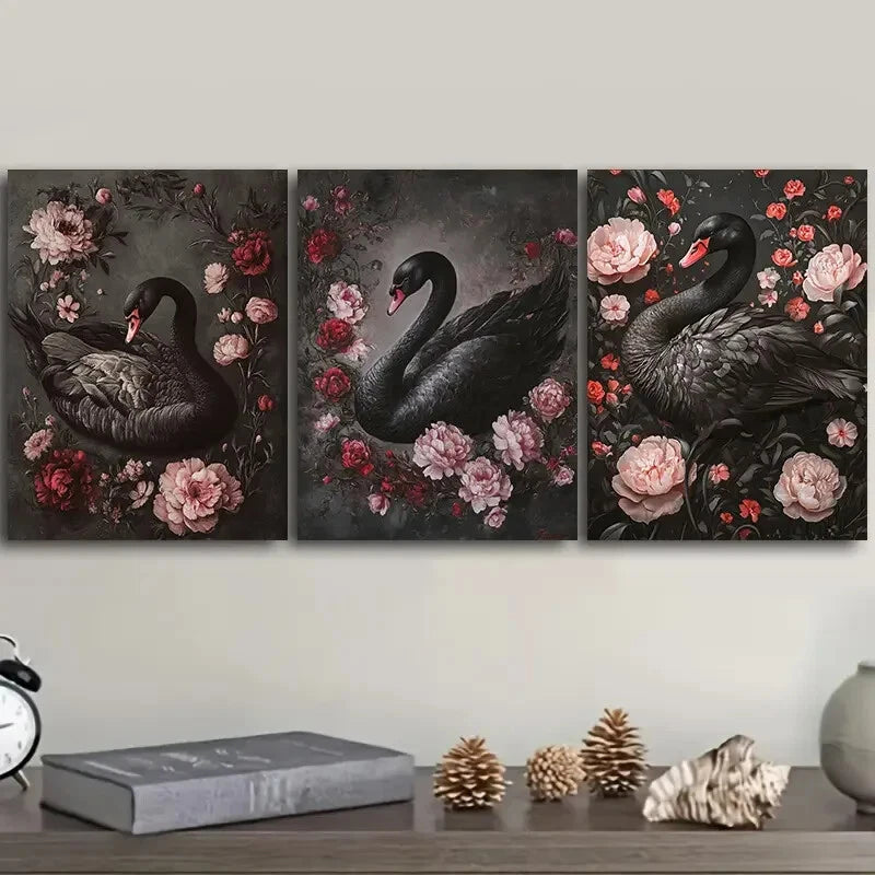 3PCS Elegant Black Swan Metal Wall Art Prints - Ready to Hang Home Decor for Living Room, Bedroom & Office