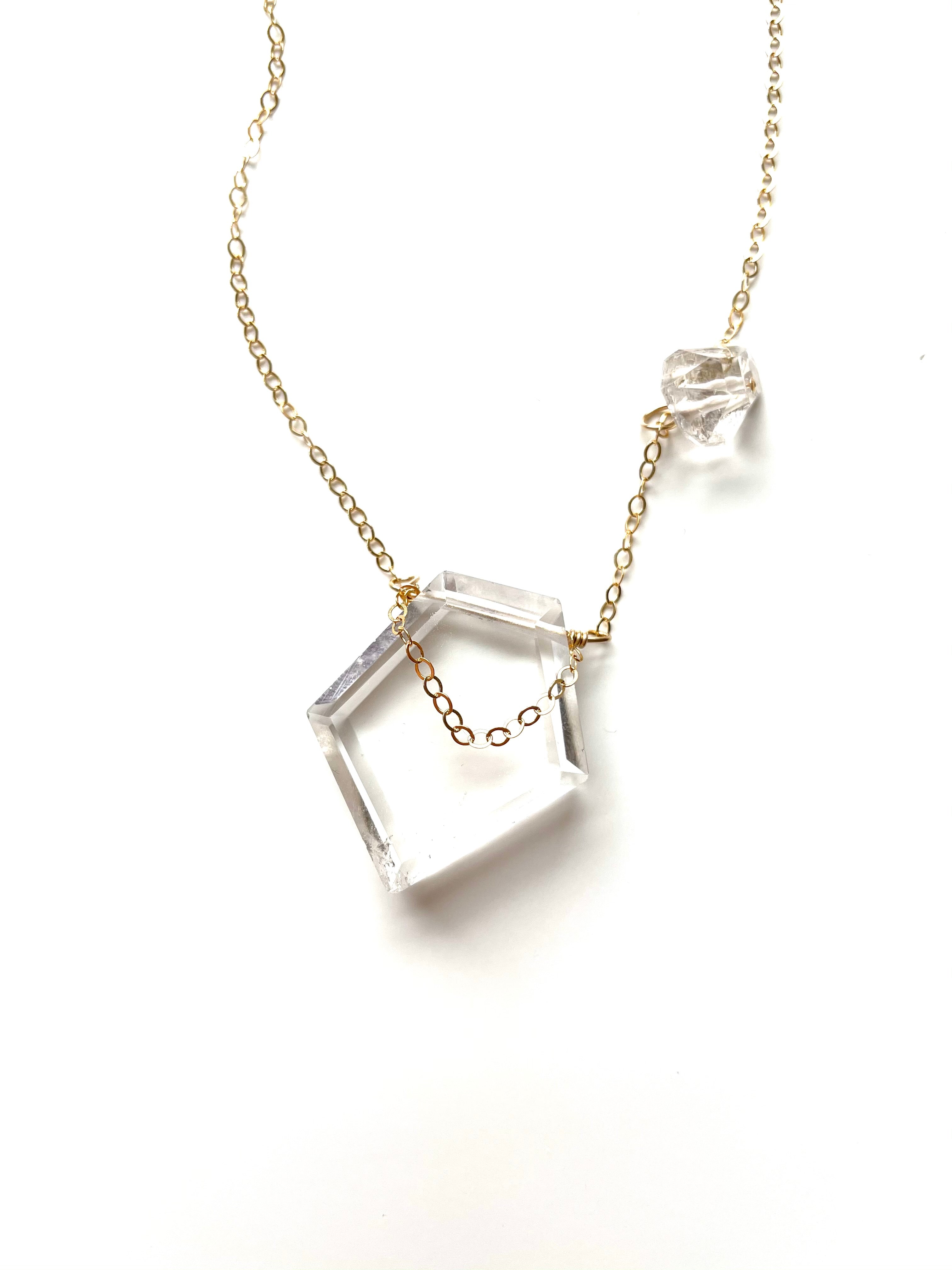 Clear Quartz with Herkimer Shield Necklace - 14K Gold Filled or Sterling Silver Healing Crystal Jewelry for Meditation, Energy Protection & Spiritual Gifts