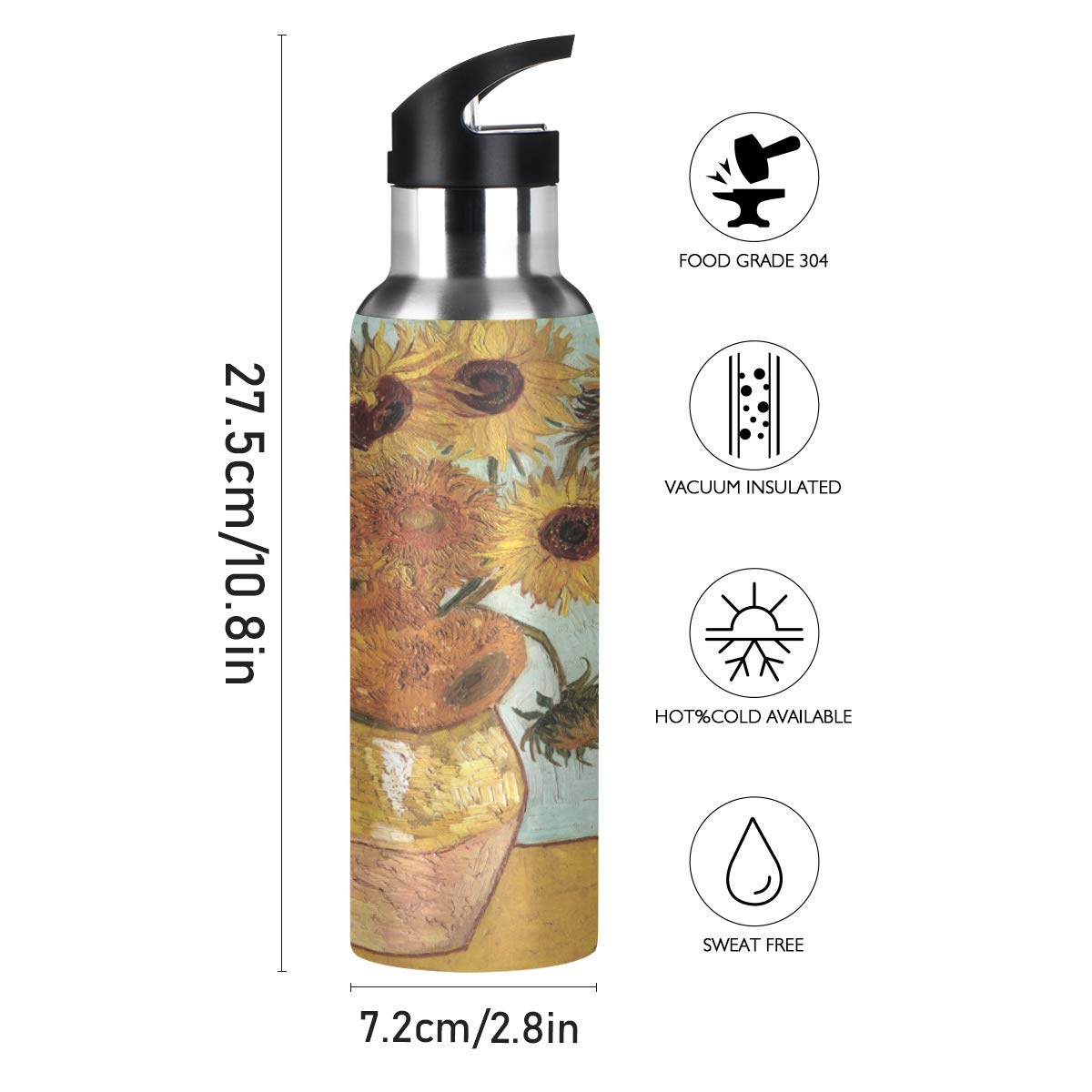 Van Gogh Sunflower Water Bottle - 22oz Stainless Steel, BPA Free & Leakproof for Gym, Travel, Work