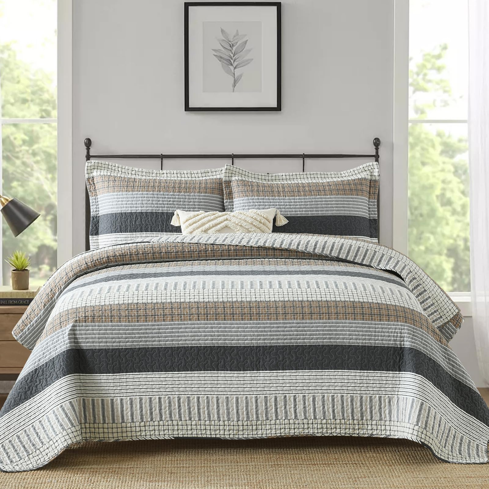 Finlonte King Size Quilt Set - 100% Cotton Reversible Lightweight Comforter, Grey Striped Farmhouse Bedding (3-Piece) - Perfect for All Seasons, Master Bedroom & Guest Room Decor