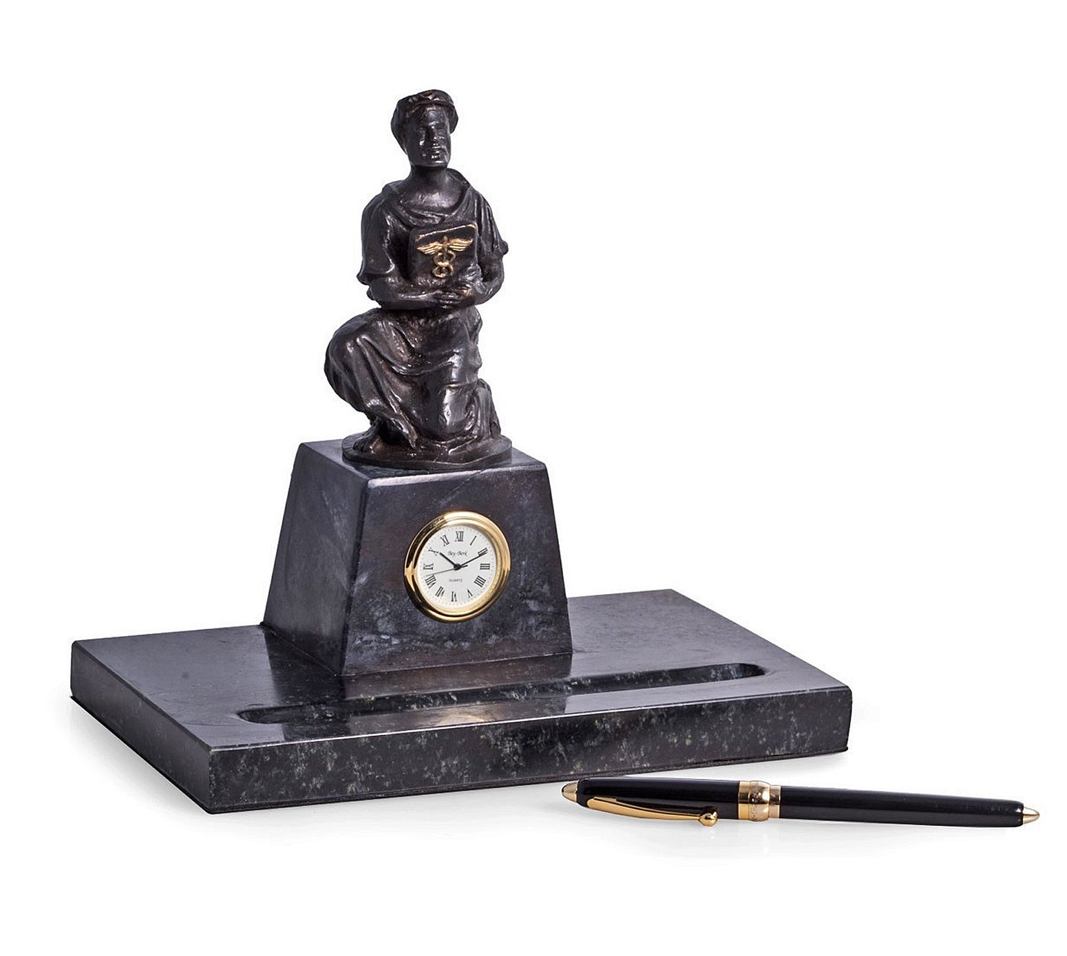 KensingtonRow Marble Pen Holder & Clock - Hippocrates Inspired Medical Office Desk Organizer - Perfect for Doctor's Office, Home Study & Gift Giving