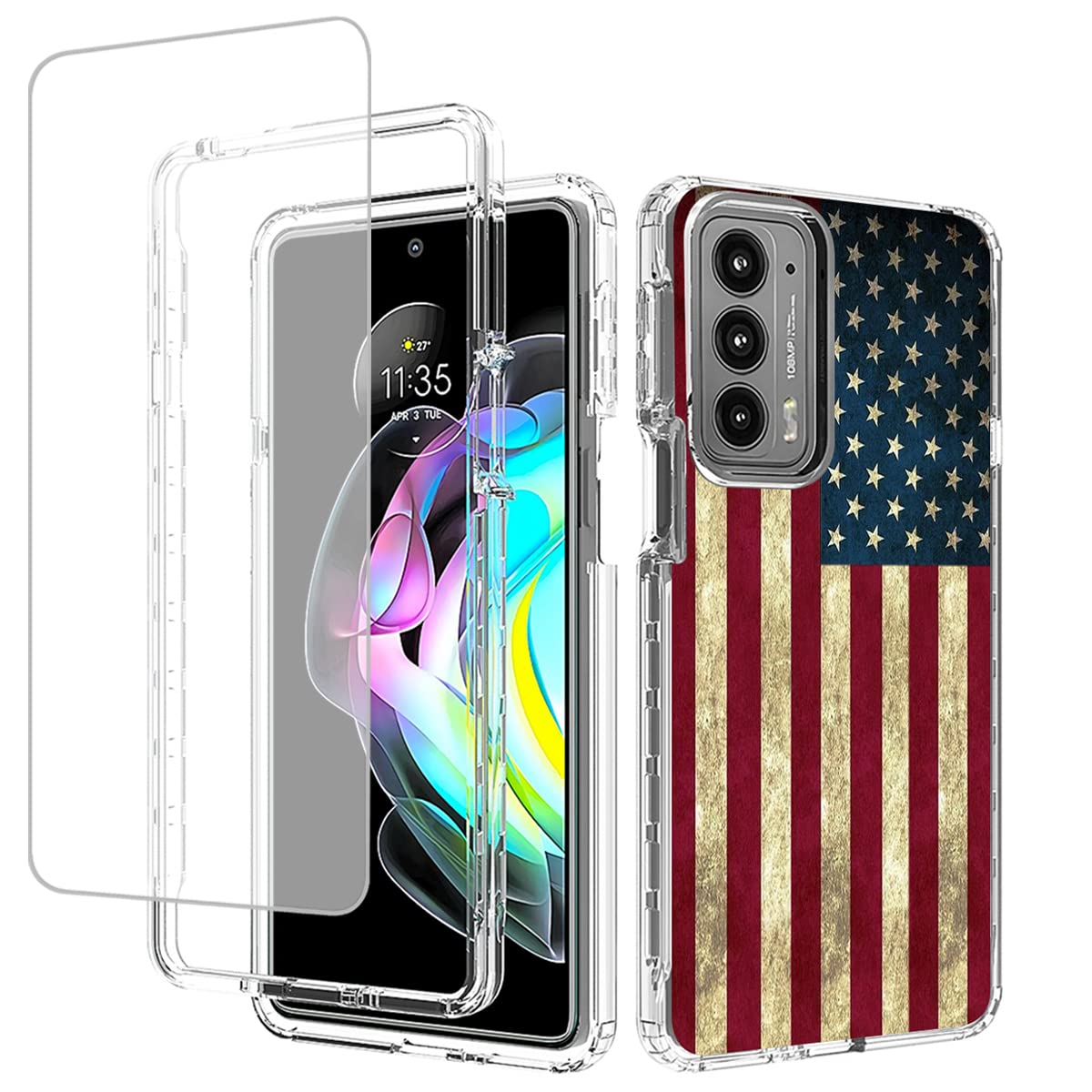 **Motorola Edge 20 Case with Tempered Glass Screen Protector – Cute Clear USA Flag Design, Full-Body Protective Cover for Moto Edge 20 5G – Perfect for Daily Use, Travel & Outdoor Activities**