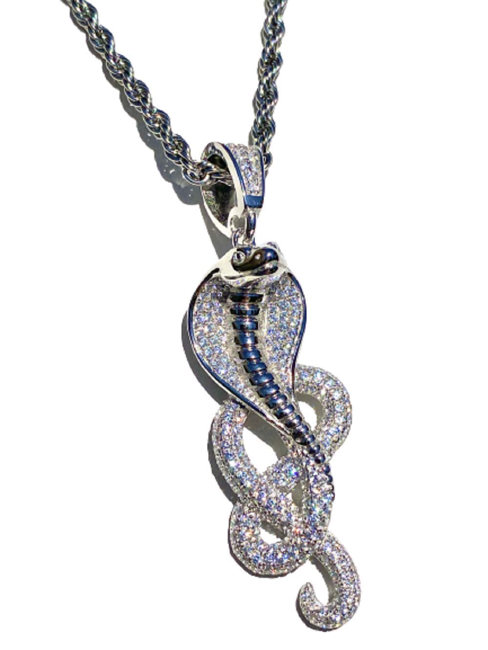 925 Sterling Silver Cobra Snake Pendant Necklace for Men & Women - Iced Out Stainless Steel Chain 16
