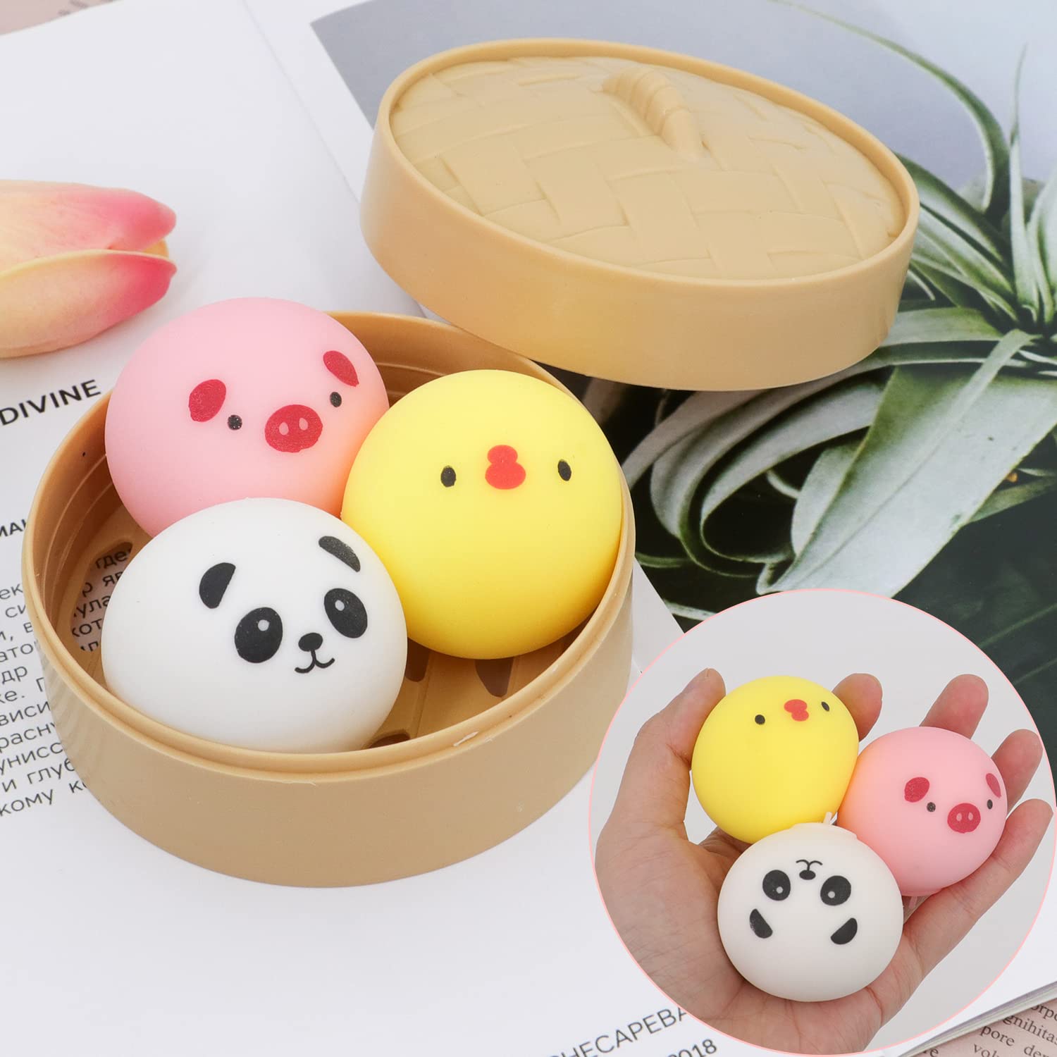 3Pcs Colorful Dumpling Stress Ball Fidget Sensory Toy - Silicone Stress Relief Hand Ball with Food Steamer Kit for Office, Home, Party | Anxiety Relief, ADHD Focus Tool, Fun Gift Idea for Kids & Adults