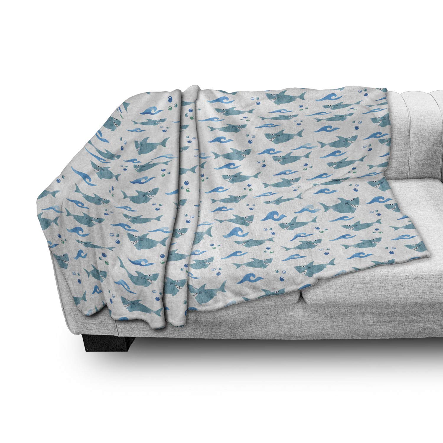 Ambesonne Shark Throw Blanket - Soft Flannel Fleece Blanket with Watercolor Shark Design, Silly Expressions, Bubbles & Sea Waves - 50