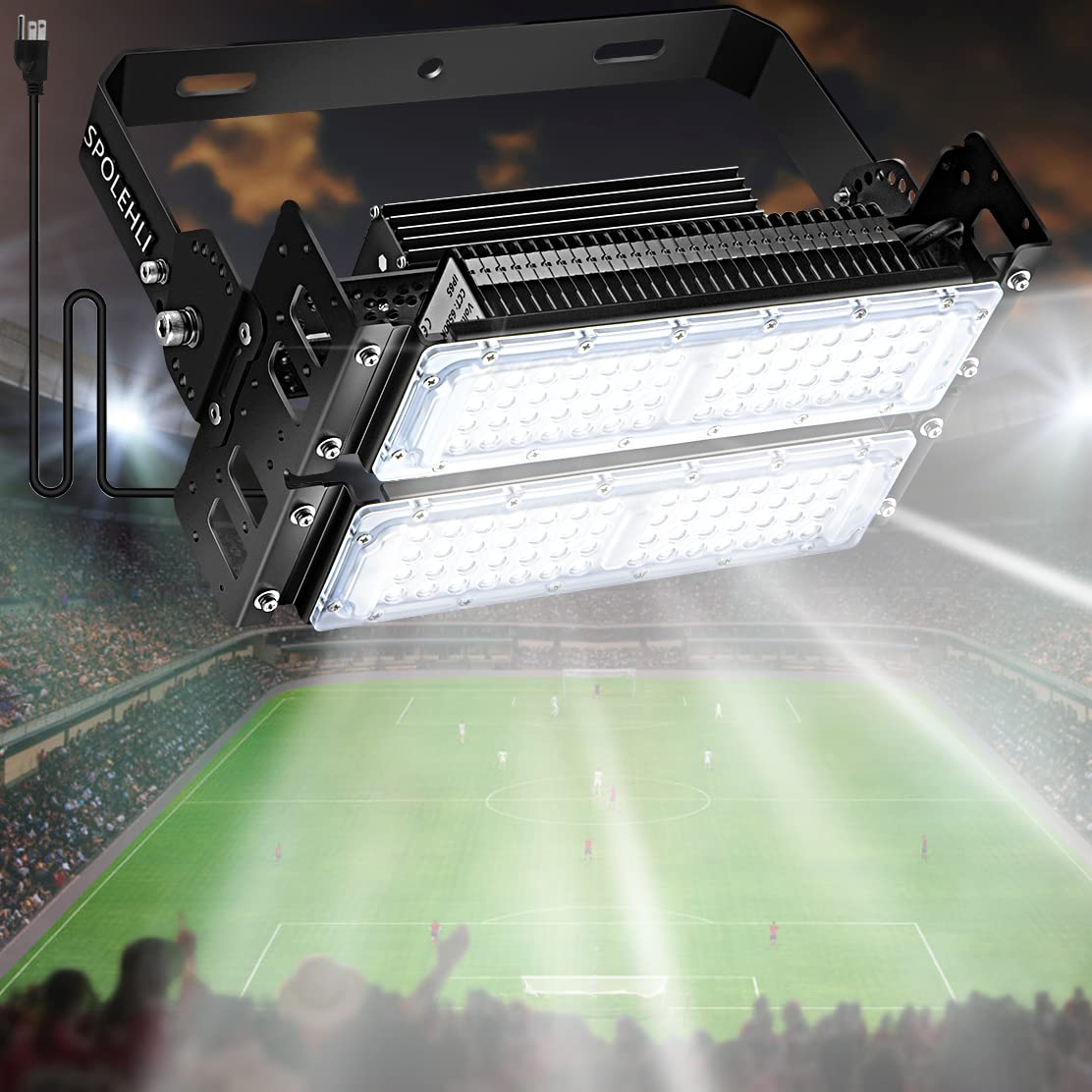 Spolehli 100W LED Stadium Flood Lights - 600W Equivalent, 16000LM Super Bright, 6500K Daylight White, IP66 Waterproof, 85-305V Wide Voltage, 5-Year Warranty - Perfect for Outdoor Sports Arenas, Parking Lots, and Large Area Lighting