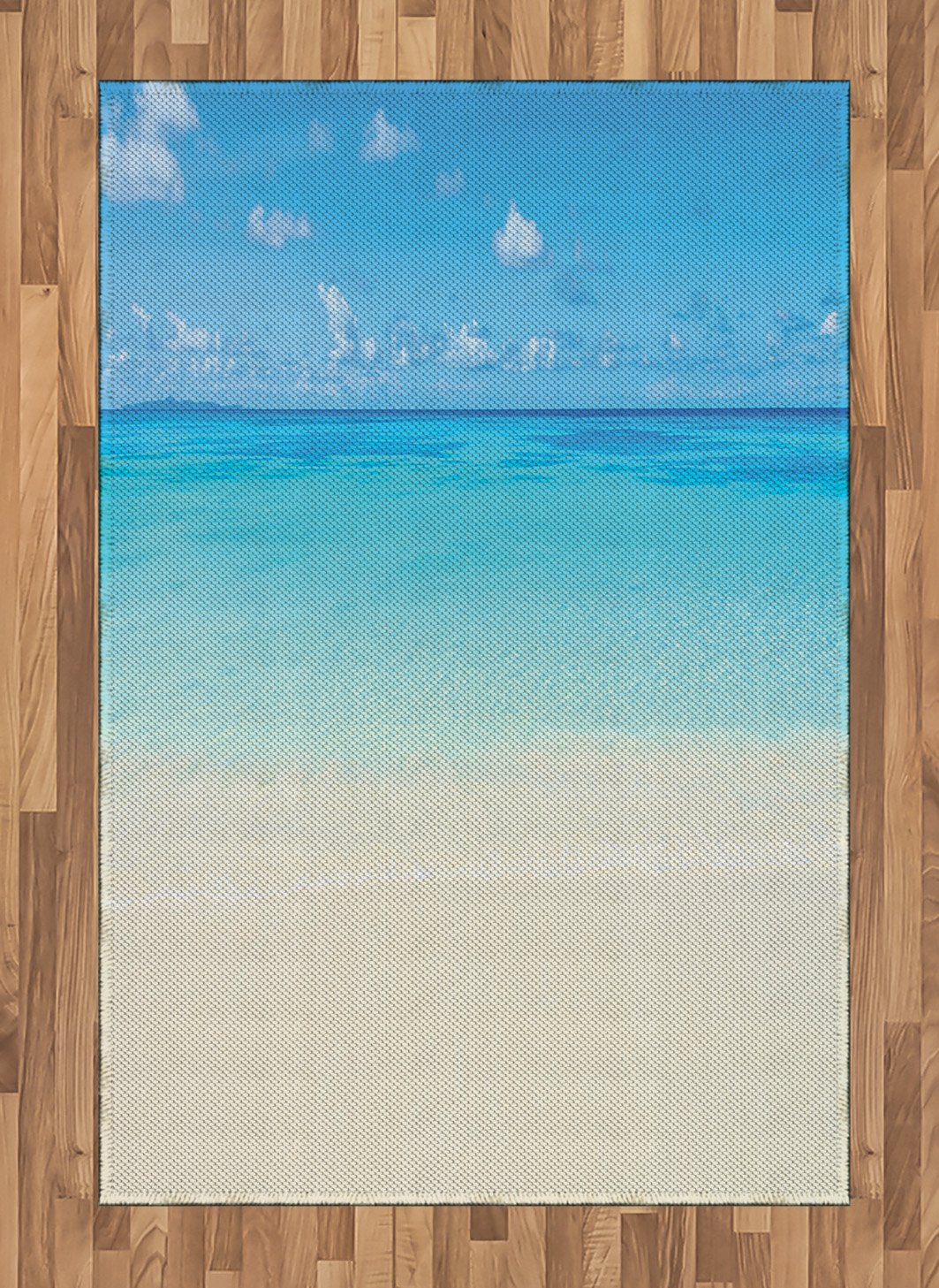 Ambesonne Tropical Caribbean Sea Ocean Area Rug - Paradise Beach Sky View Design, Flat Woven Cream Navy Accent Rug 4'x5'7
