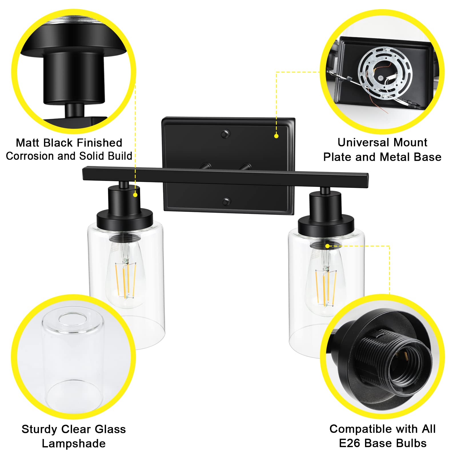 Ascher 2-Light Modern Wall Sconce with Clear Glass Shade - Black Vanity Light Fixture for Bathroom Mirror, Hallway & Bedroom - E26 Base (Bulbs Not Included) - Perfect for Ambient Lighting and Home Decor