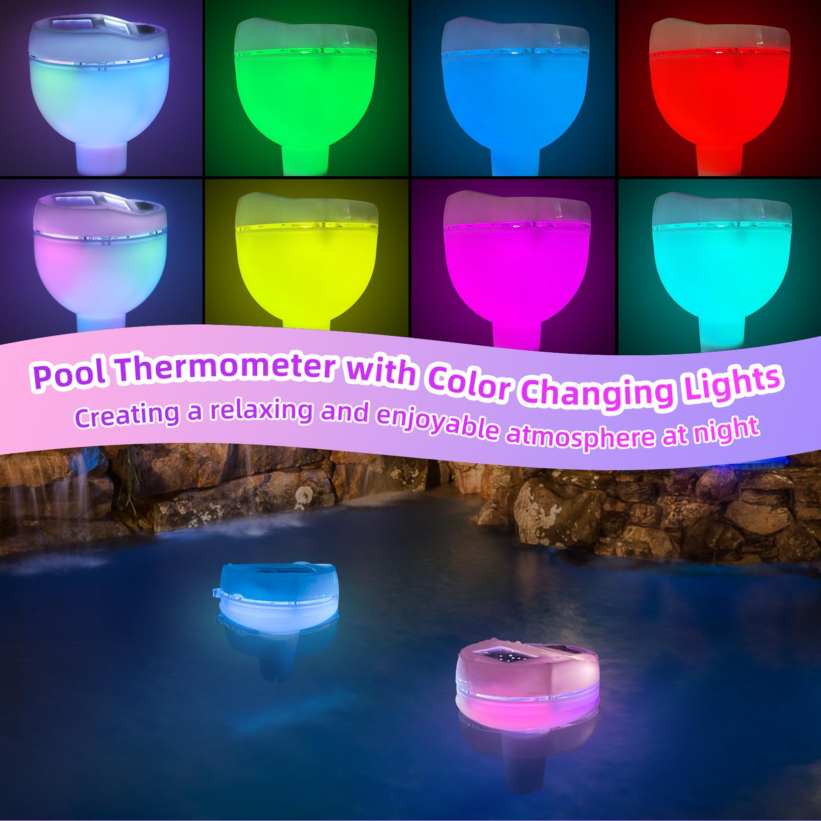 Solar Pool Thermometer with RGB Lights - Large LCD Backlit Display, IP68 Waterproof Floating Digital Thermometer for Swimming Pools, Hot Tubs & Spas - Easy to Read Temperature Gauge for Nighttime Use and Water Temperature Monitoring