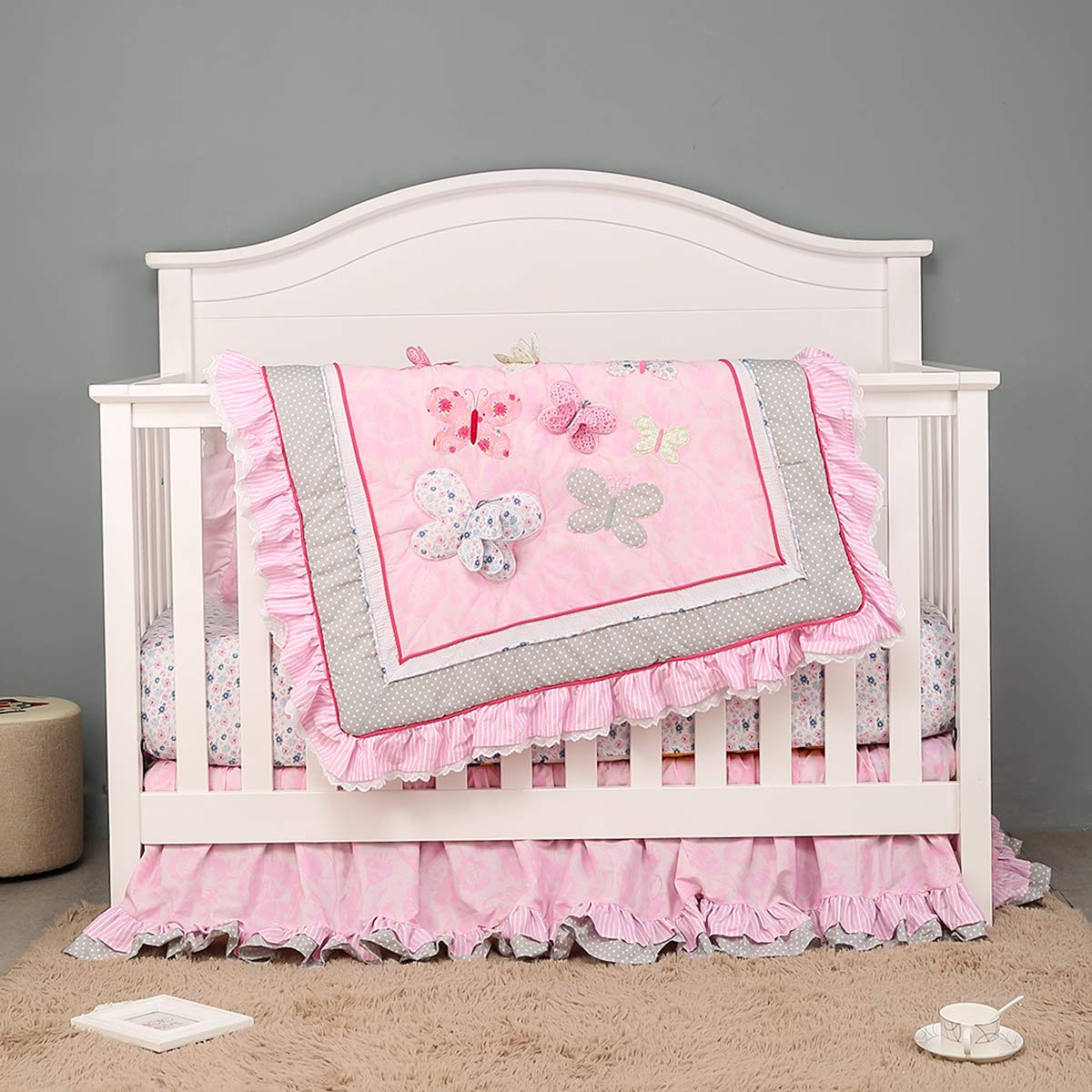 4-Piece Pink Butterfly Nursery Crib Bedding Set for Baby Girls - Embroidered Butterfly Crib Set Includes 1 Quilt, 2 Fitted Sheets & 1 Skirt (28