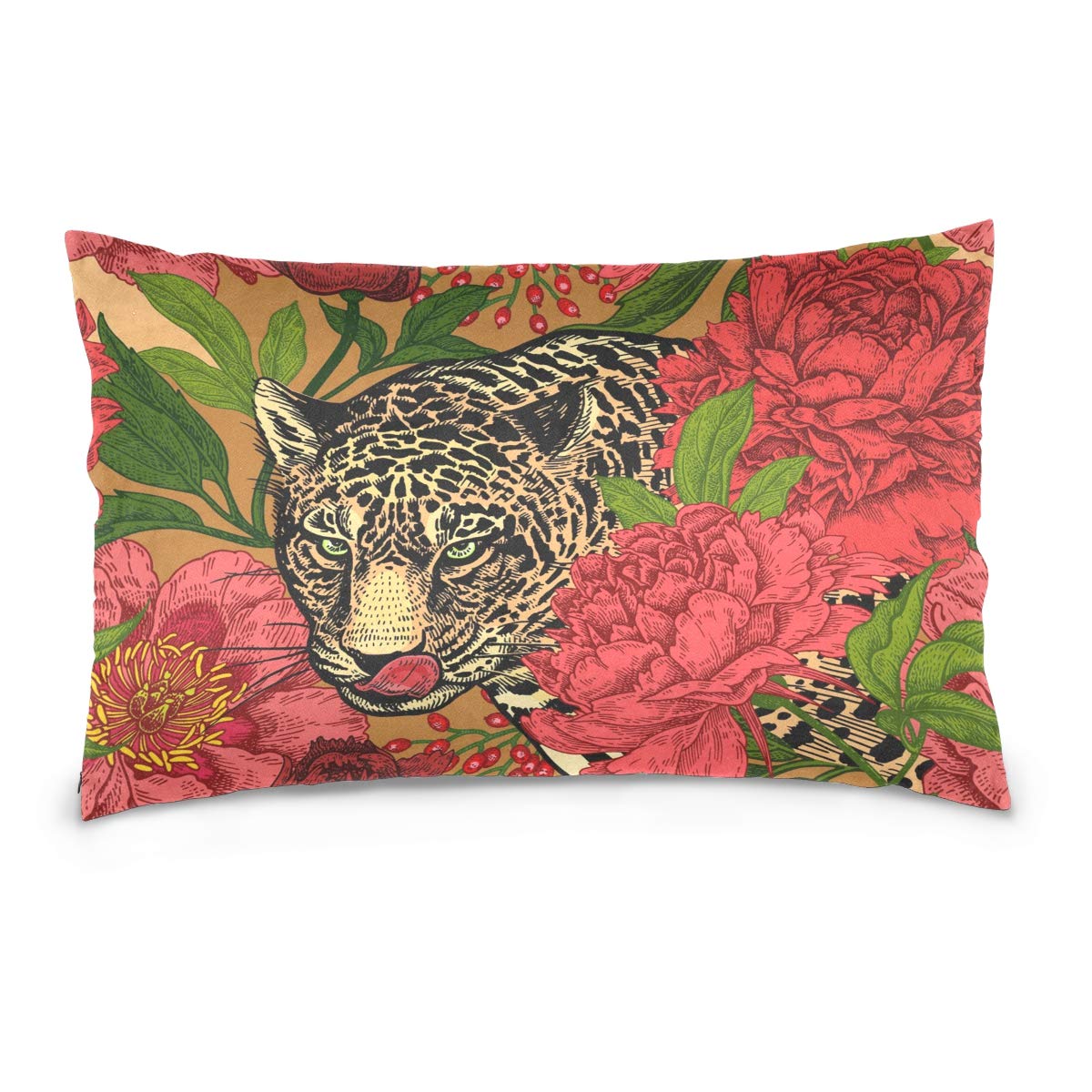 ALAZA Leopard and Peonies Pillowcase - 100% Cotton Zipper Closure Pillow Sham for Bedroom & Living Room Decor | Soft & Breathable Luxury Pillow Cover for Home, Hotel, or Gift