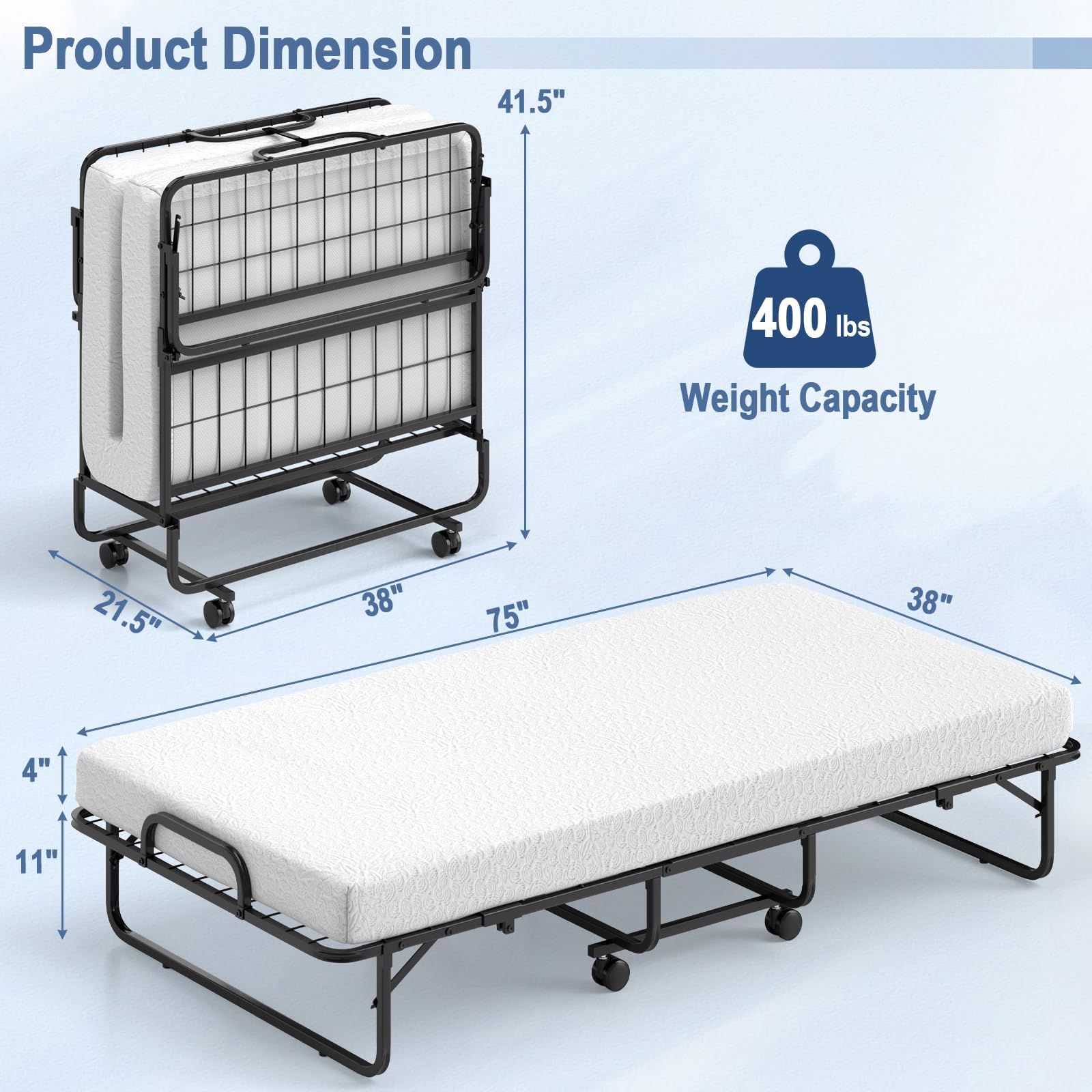 Giantex Twin Size Folding Bed with Memory Foam Mattress - Portable Foldable Guest Bed with Sturdy Metal Frame, 75
