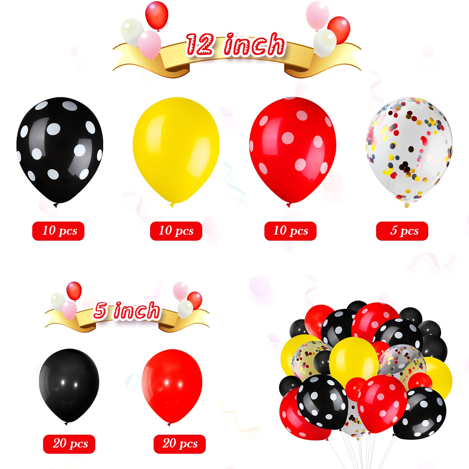 75-Piece Mouse Confetti Balloons - Red, Black & Yellow Polka Dot Latex Balloons for Halloween, Baby Shower, Wedding & Birthday Party Decorations - Perfect for Party Garlands, Ceiling Decor & Photo Backdrops