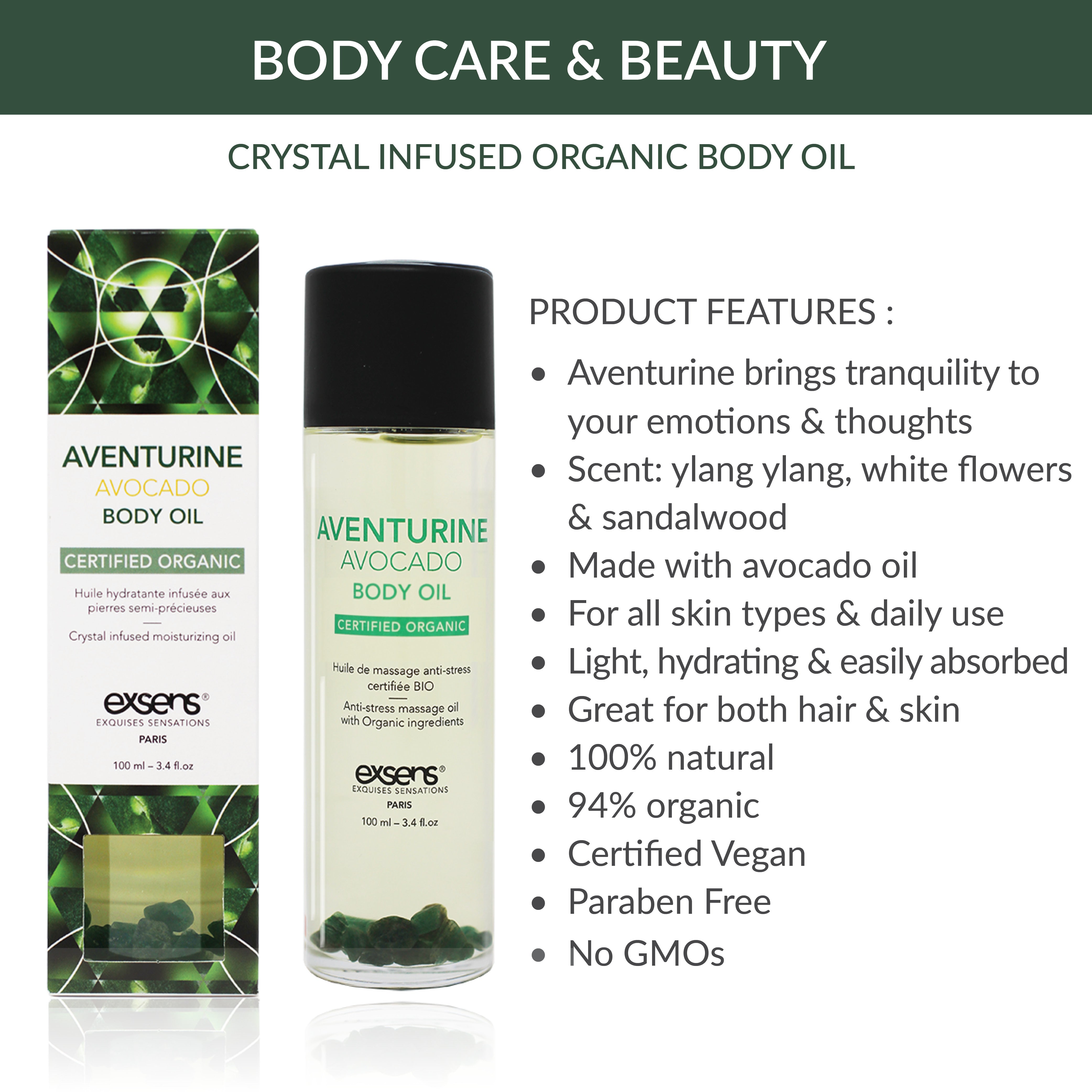 Exsens Organic Aventurine Crystal Infused Massage & Body Oil with Avocado - Certified Organic Moisturizer for Skin & Hair Care - 100ml (3.8 fl.oz) - Perfect for Aromatherapy, Spa Treatments & Daily Hydration