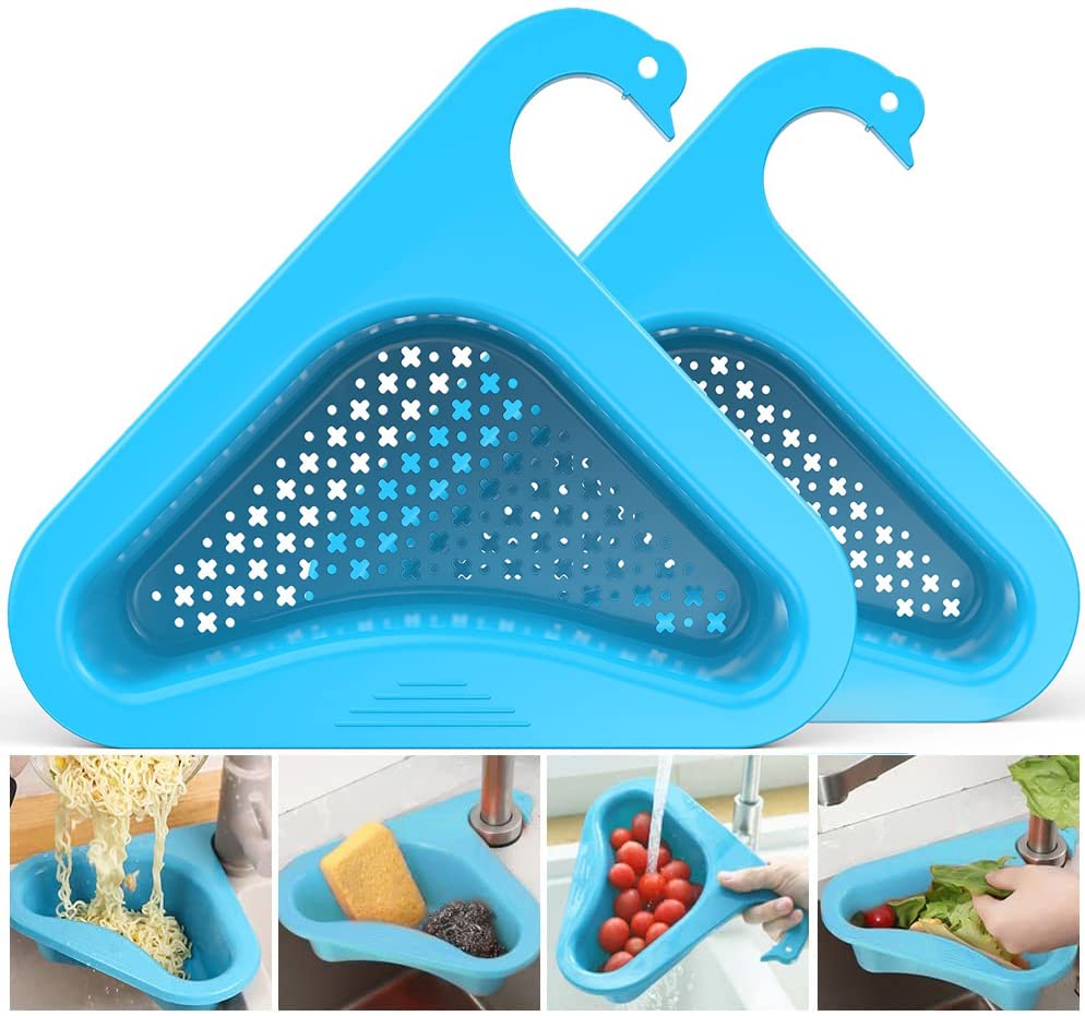 Premium Swan-Shaped Drain Basket for Kitchen Sink - 2 Pack Blue Triangle Sink Filter with Multi-Functional Design - Universal Fit for All Sink Types | Perfect for Food Scrap Collection, Dishwashing & Drain Protection
