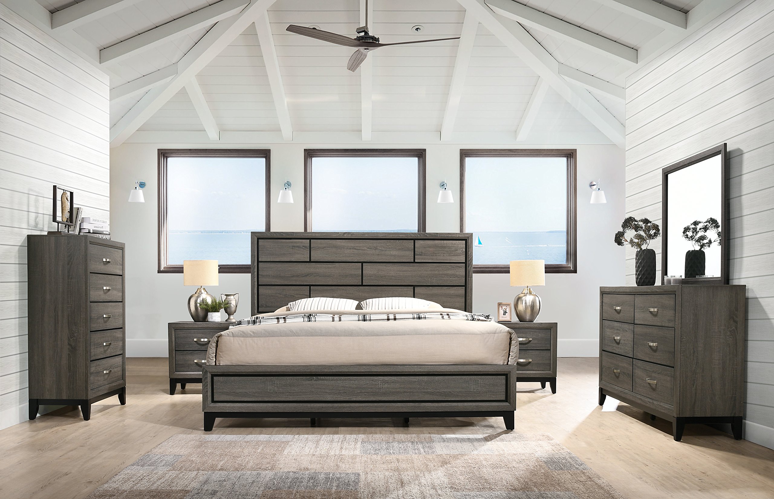 Roundhill Furniture Stout Panel King Size Bedroom Set - Bed, Dresser, Mirror, 2 Night Stands & Chest in Grey | Modern Bedroom Furniture for Master Suite & Guest Room
