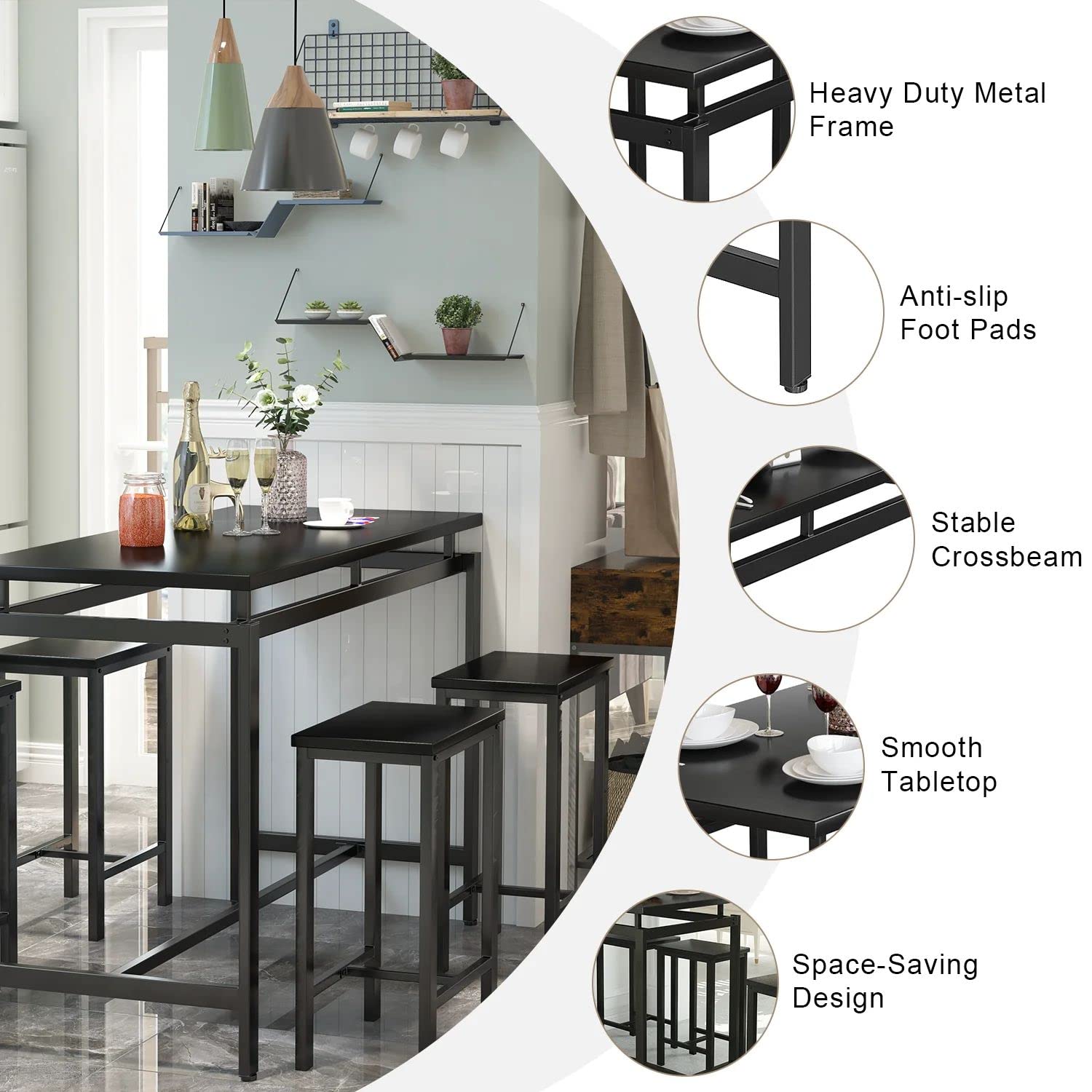 Modern 5-Piece Industrial Bar Table Set with 4 Chairs - Kitchen Dining Table for Small Spaces, Breakfast Nook & Pub Style - Perfect for Apartments, Condos & Cozy Homes