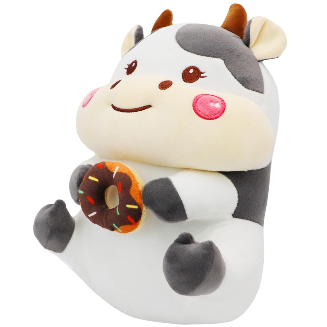 ELAINREN Donut Cow Plush Toy - Soft Cute Black & White Holstein Dairy Cow Stuffed Animal with Donut (11.8