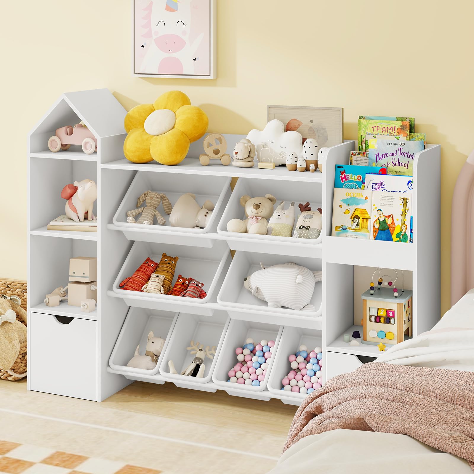Vabches 8-Bin Kids Toy Organizer with Wheels - 4-Tier Toy Storage Shelf with Removable Bins & 4 Cubbies - White Nursery Organizer for Playroom, Bedroom & Daycare - Easy-Move Toy Storage Solution for Toddlers & Preschoolers