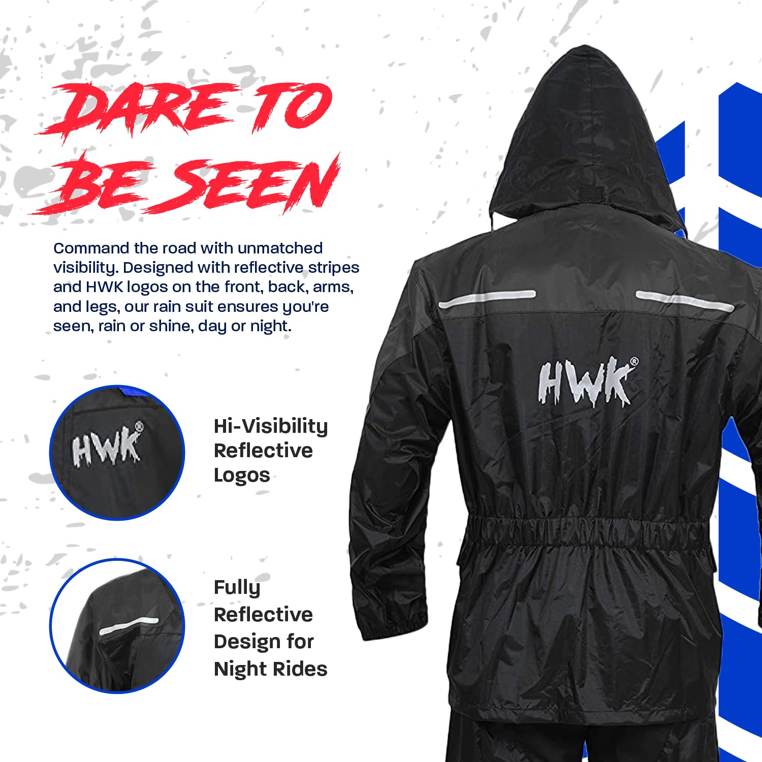 HWK Waterproof Motorcycle Rain Suit for Men & Women - 2-Piece Reflective Riding Gear with Jacket & Pants | All-Season Weatherproof Protection for Motorcycles, Scooters & Bikes (Black, X-Large) - Ideal for Commuting, Touring & Adventure Riding in Rainy Conditions